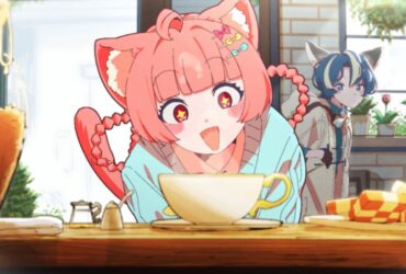 Kemono Teatimee cat girl smiling at tea and cookies