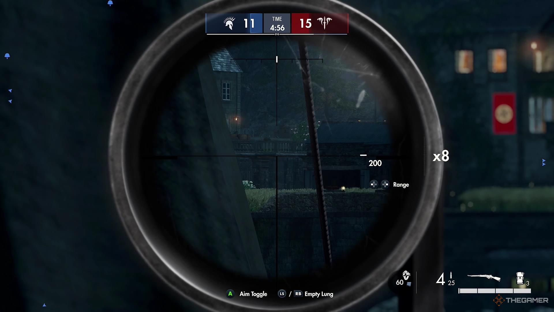 Looking down scope to a stone fence in Sniper Elite Resistance.