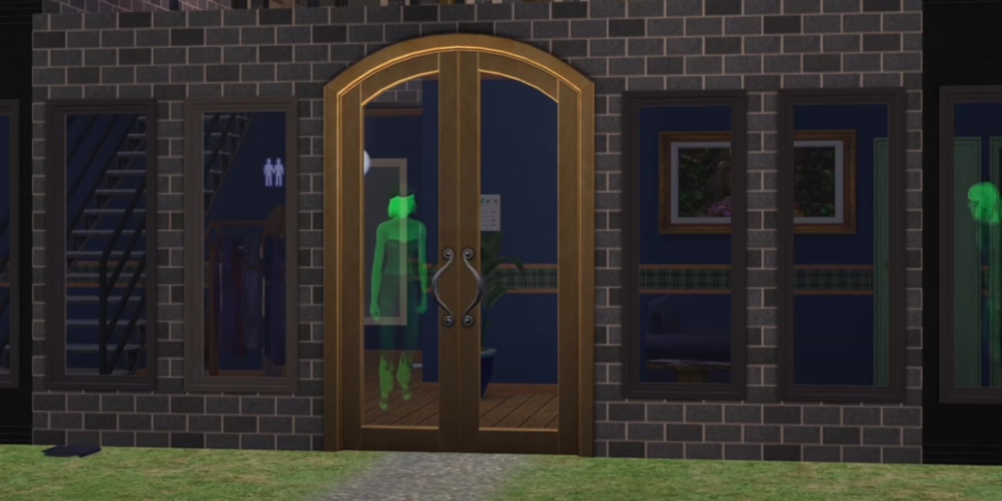 A green ghost in a doorway in The Sims 2. 