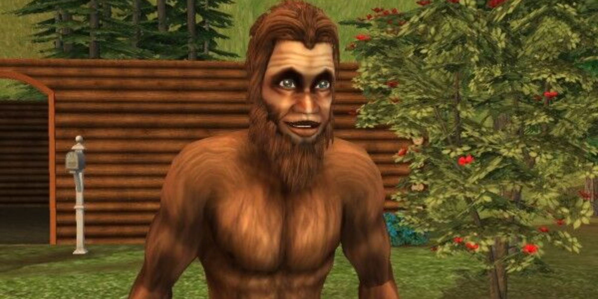 The Sims 2 Bigfoot by a tree.