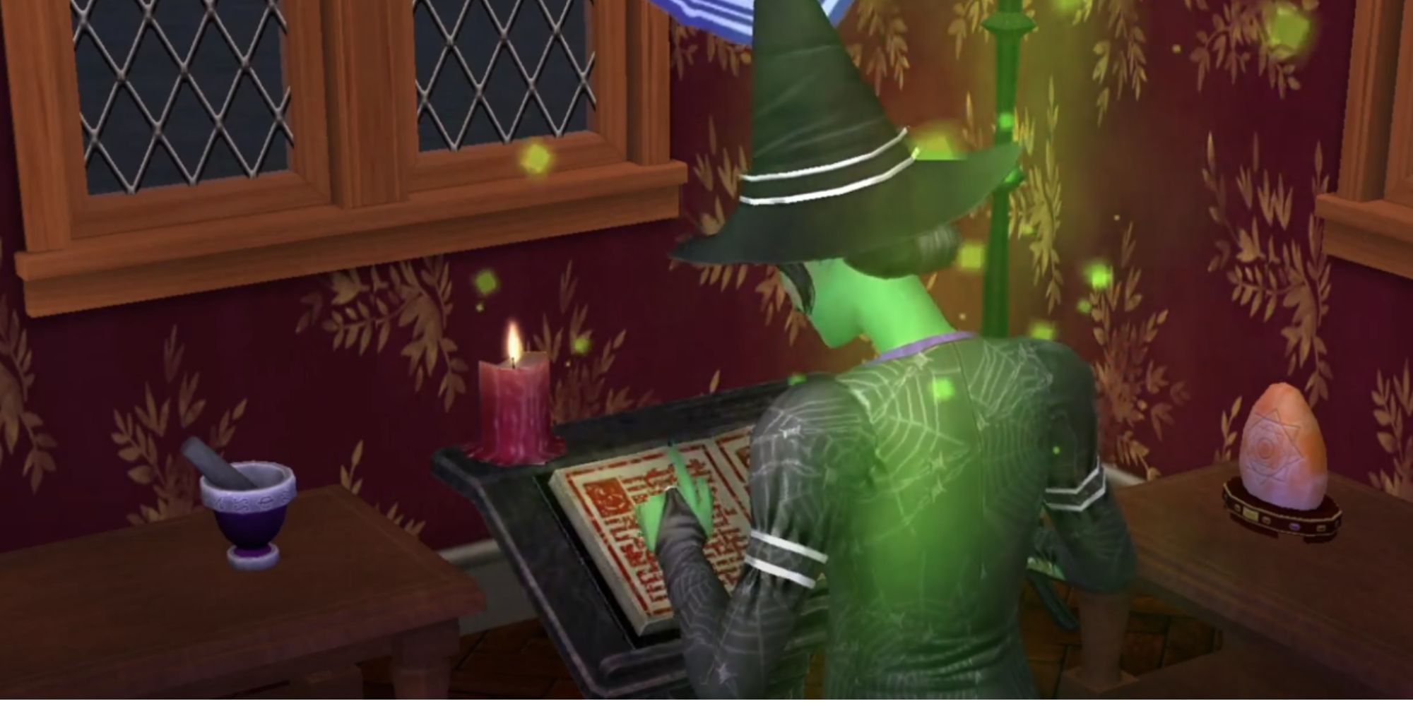 A witch reading a book in The Sims 2. 