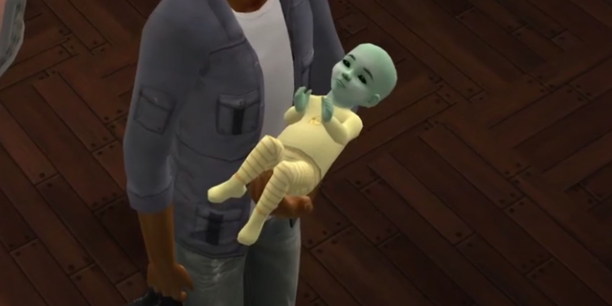 Sim holding an alien baby in The Sims 2. 