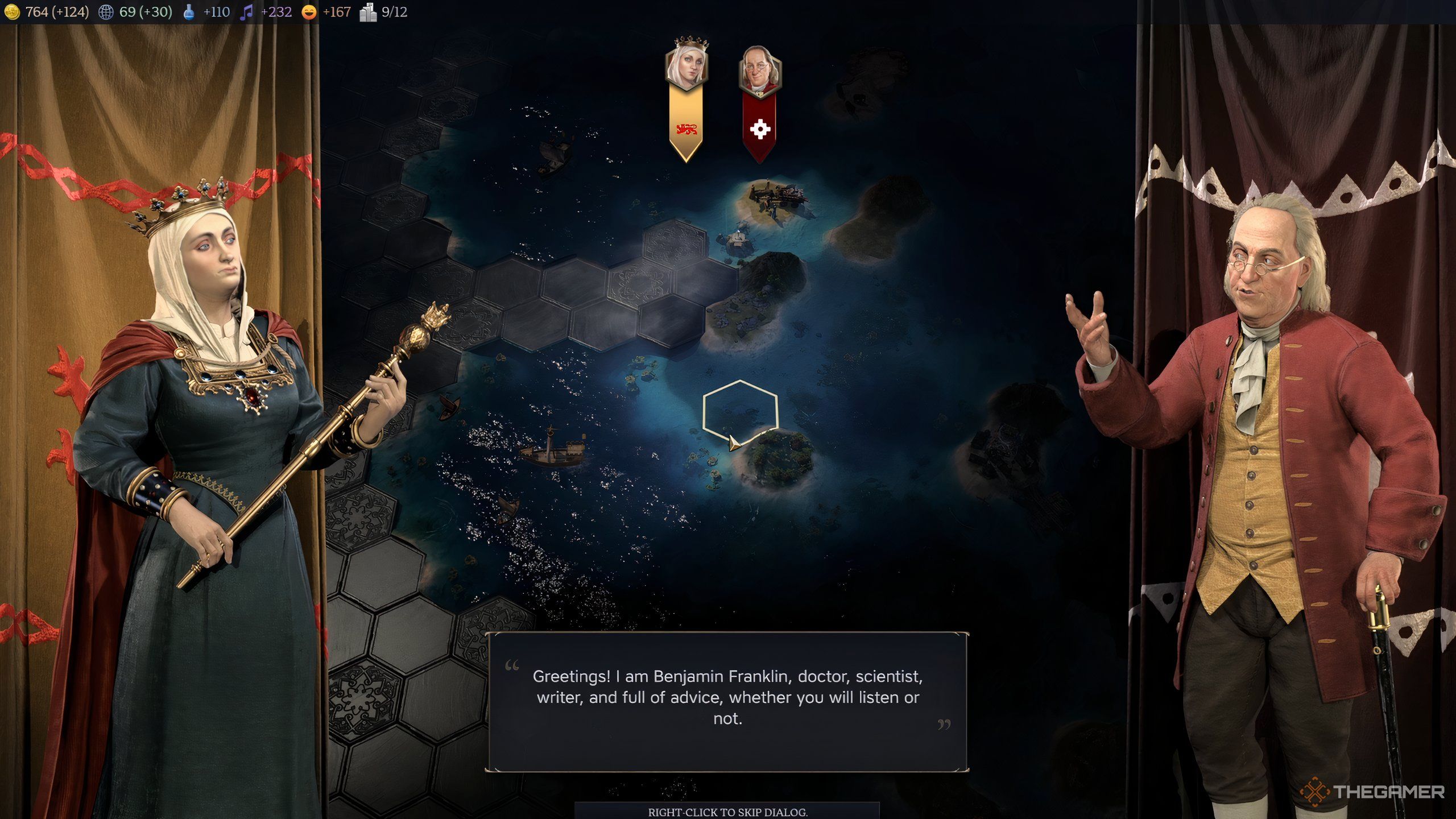 Ben Franklin and Isabella having diplomacy in Civ 7. 