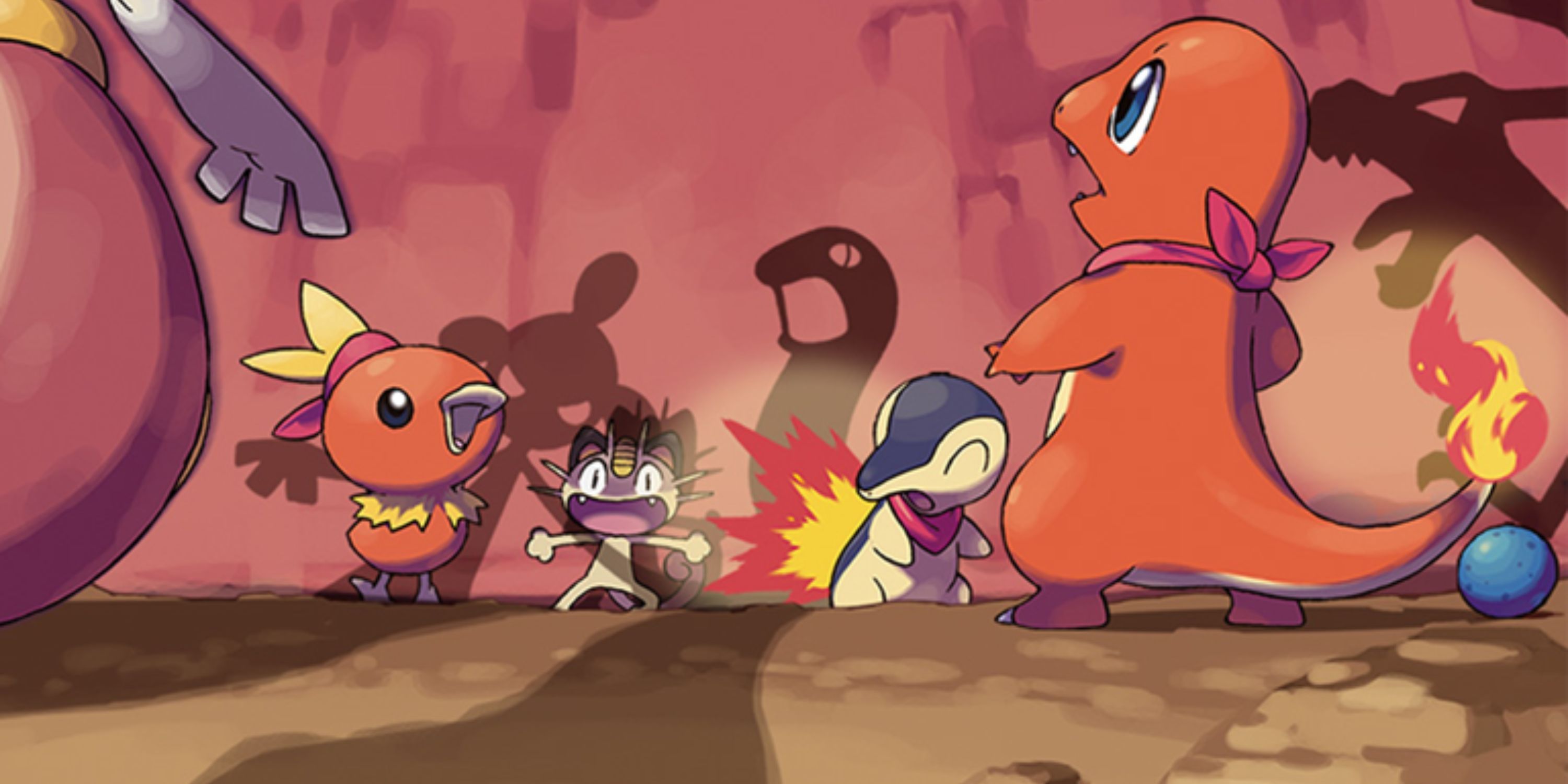 A Charmander, Meowth, Cyndaquil, and Torchic stand in a cave with scary shadows inside of it in Pokemon Red Mystery Dungeon.