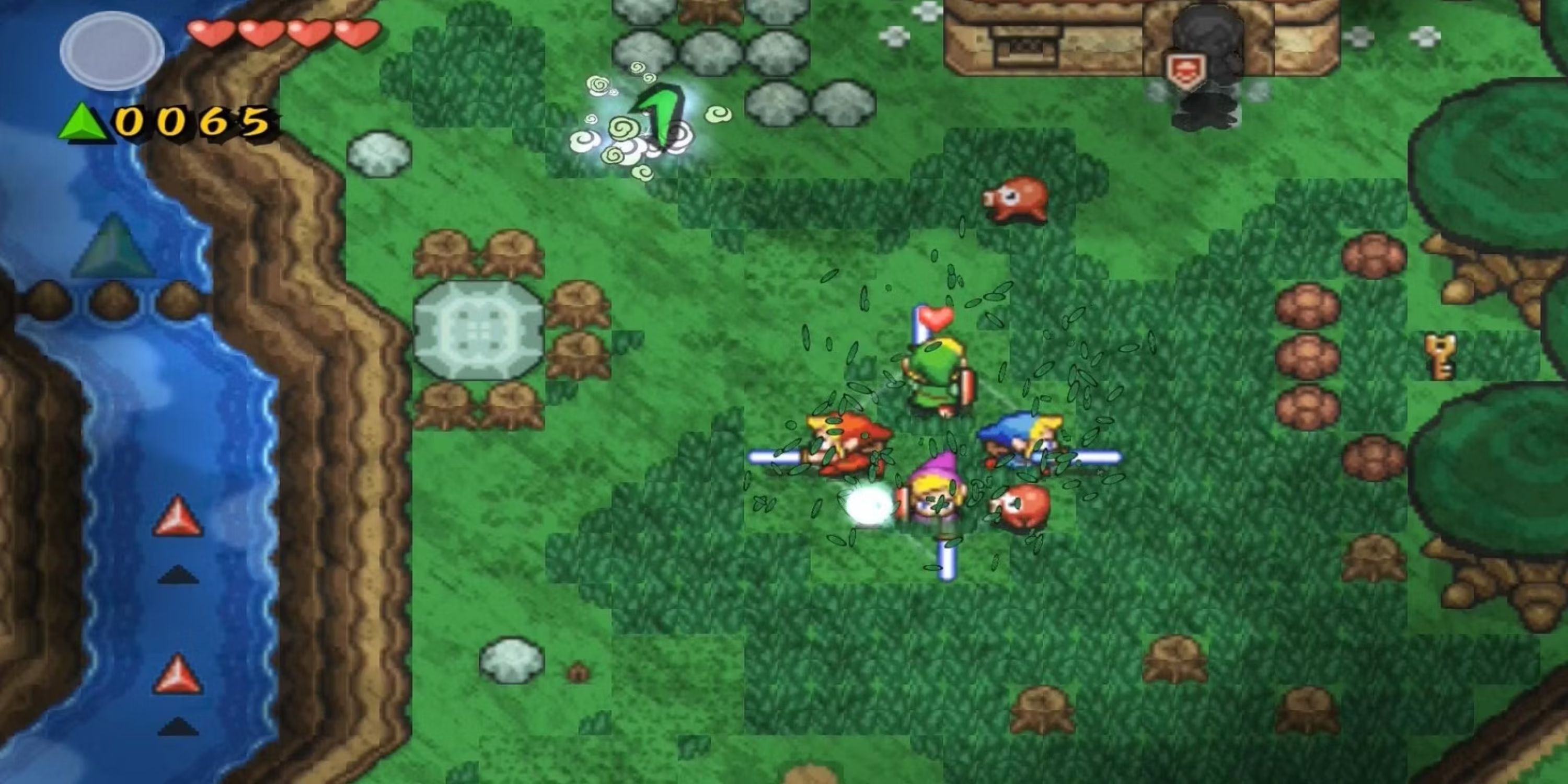 Four Links attack enemies in a grassy field as Shadow Link watches from a doorway