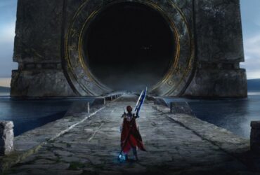 Standing below the imposing Monolith in Empyreal with a glaive equipped, this is a piece of key art from the game