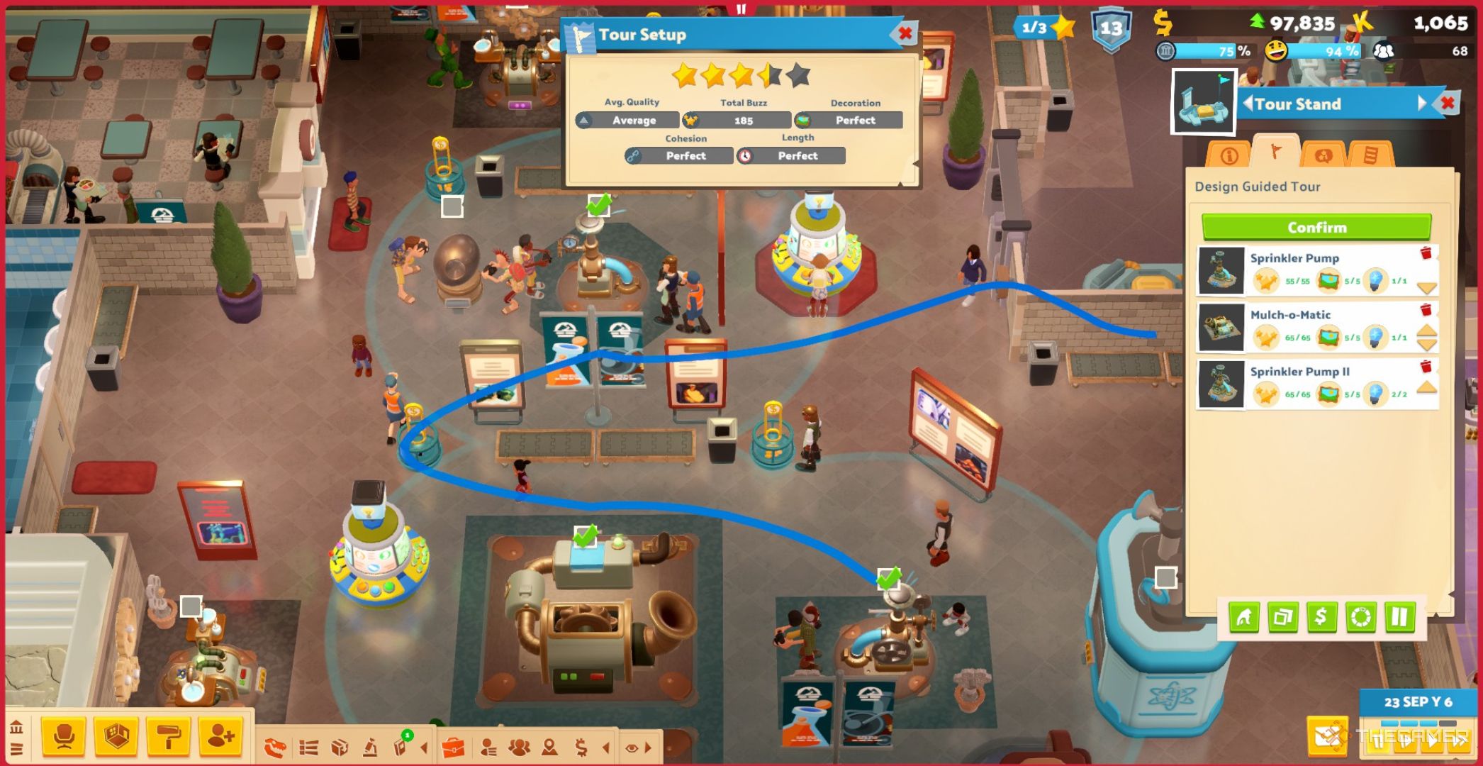 Player character creating a tour consisting of three Science Exhibits in Two Point Museum.