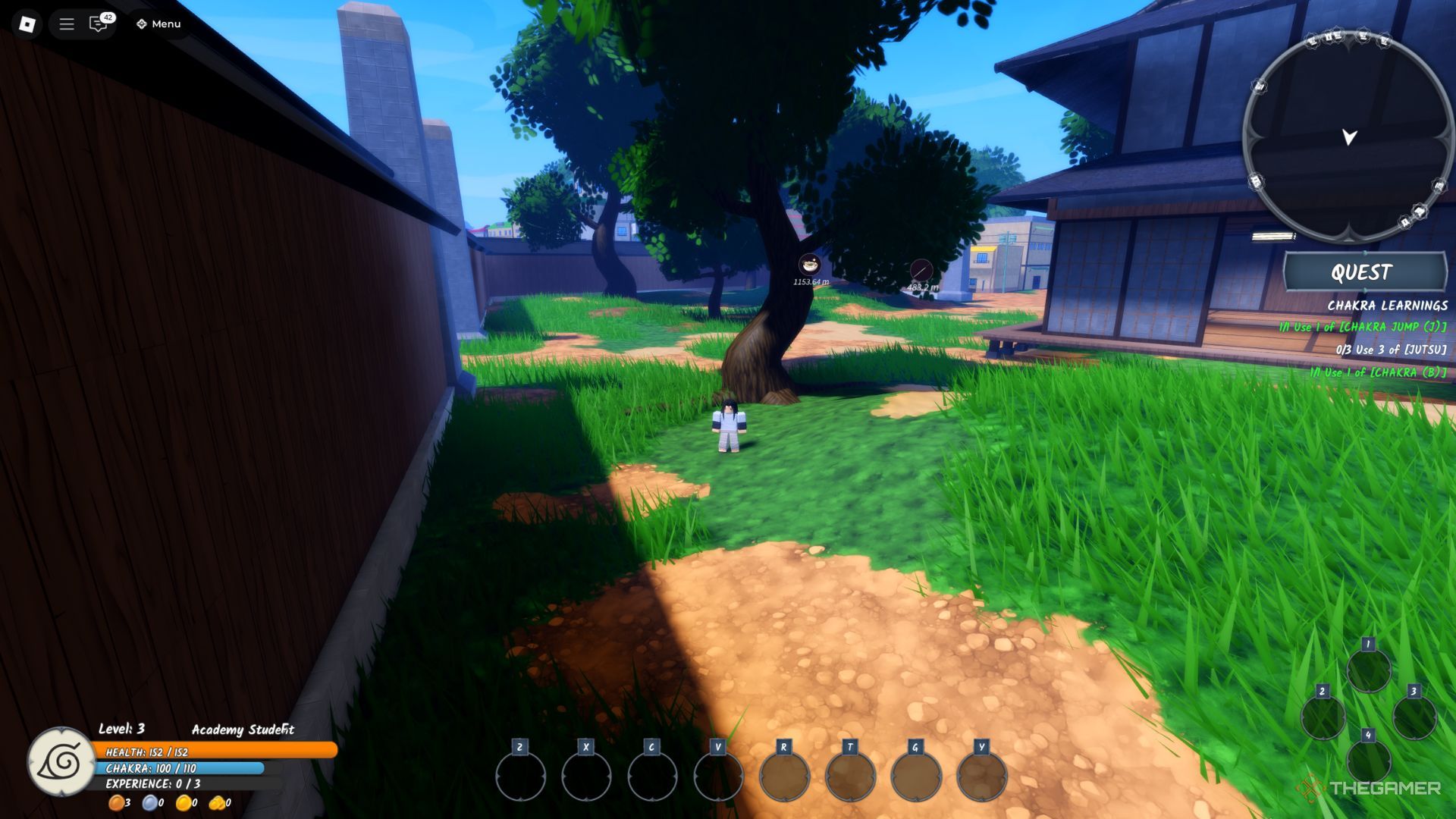 The player character stays next to the tree in the Hidden Leaf village in Ninja Time.