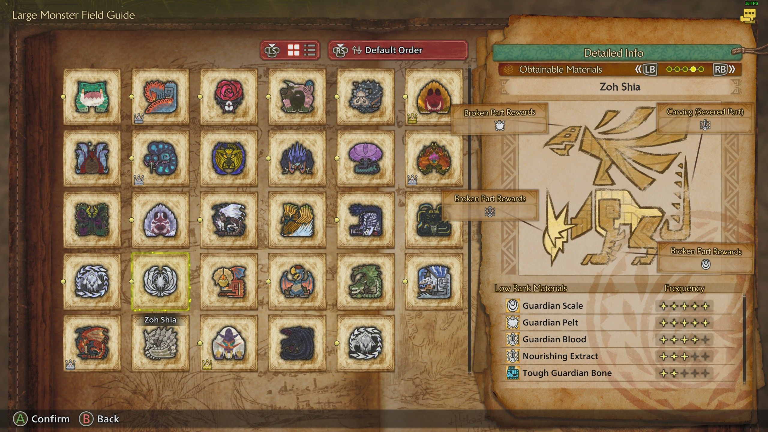 The Monster Guide showing Zoh Shia's material drops in Monster Hunter Wilds.