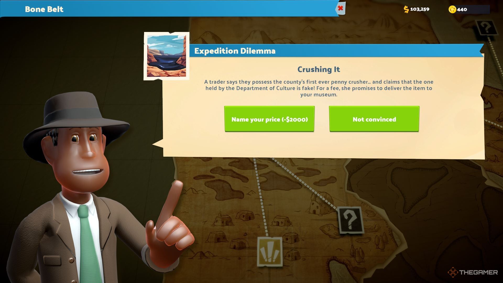 An expedition dilemma in Two Point Museum when visiting the Bone Belt.