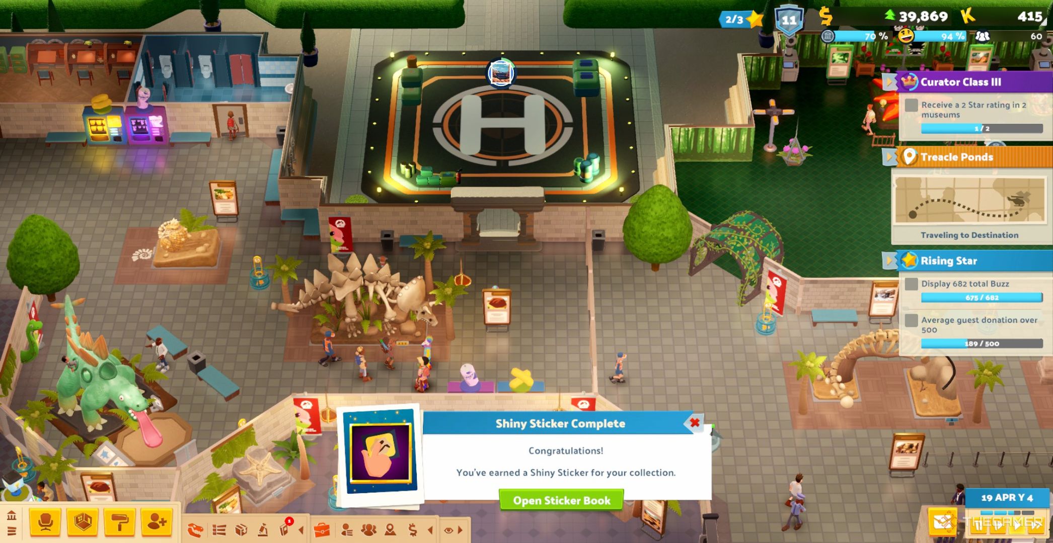 Pop up showing a Shiny Sticker being obtained because a player met an objective in Two Point Museum.