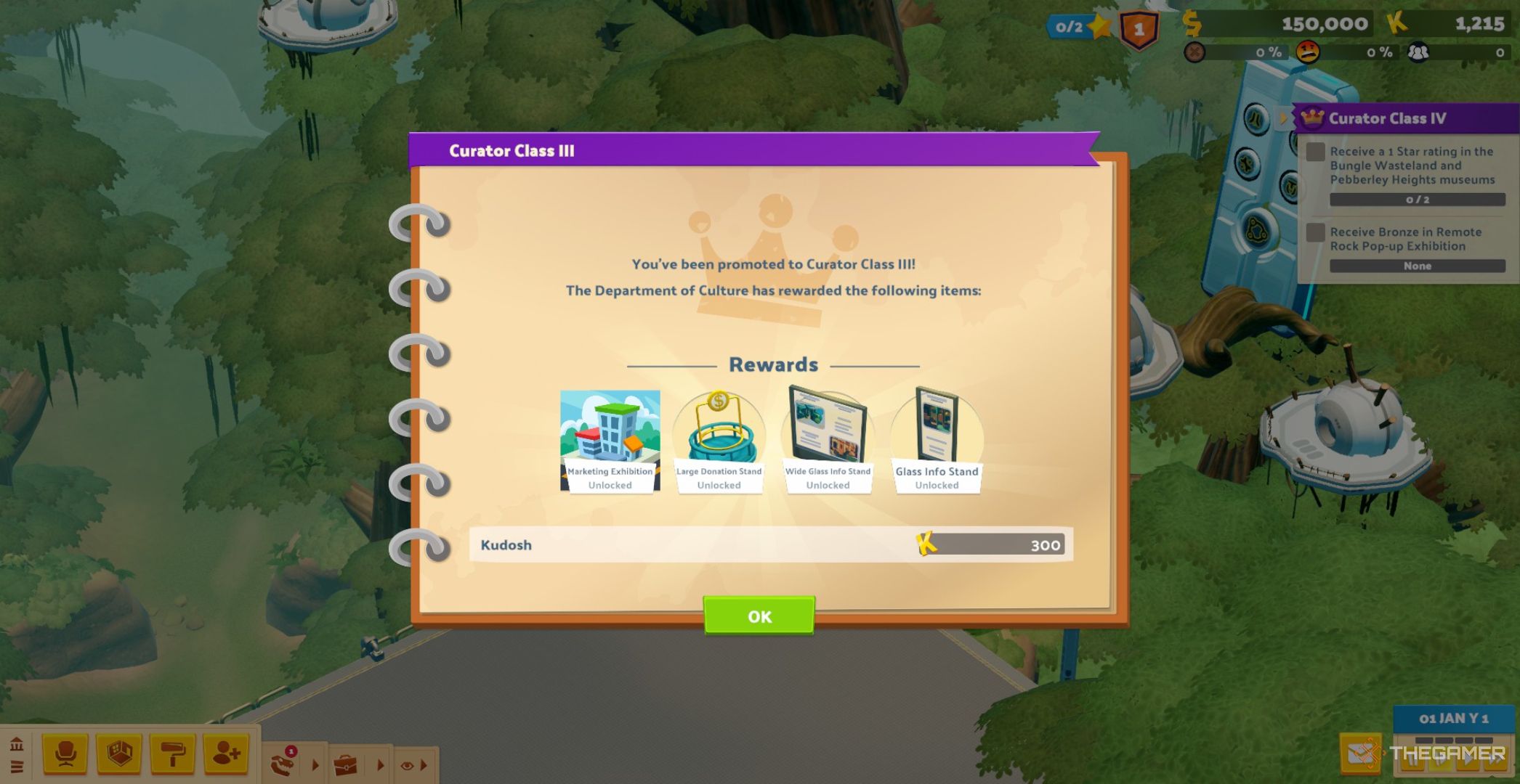 Decorated pop up showing a player reaching Curator Class III and receiving a variety of rewards for it in Two Point Museum.