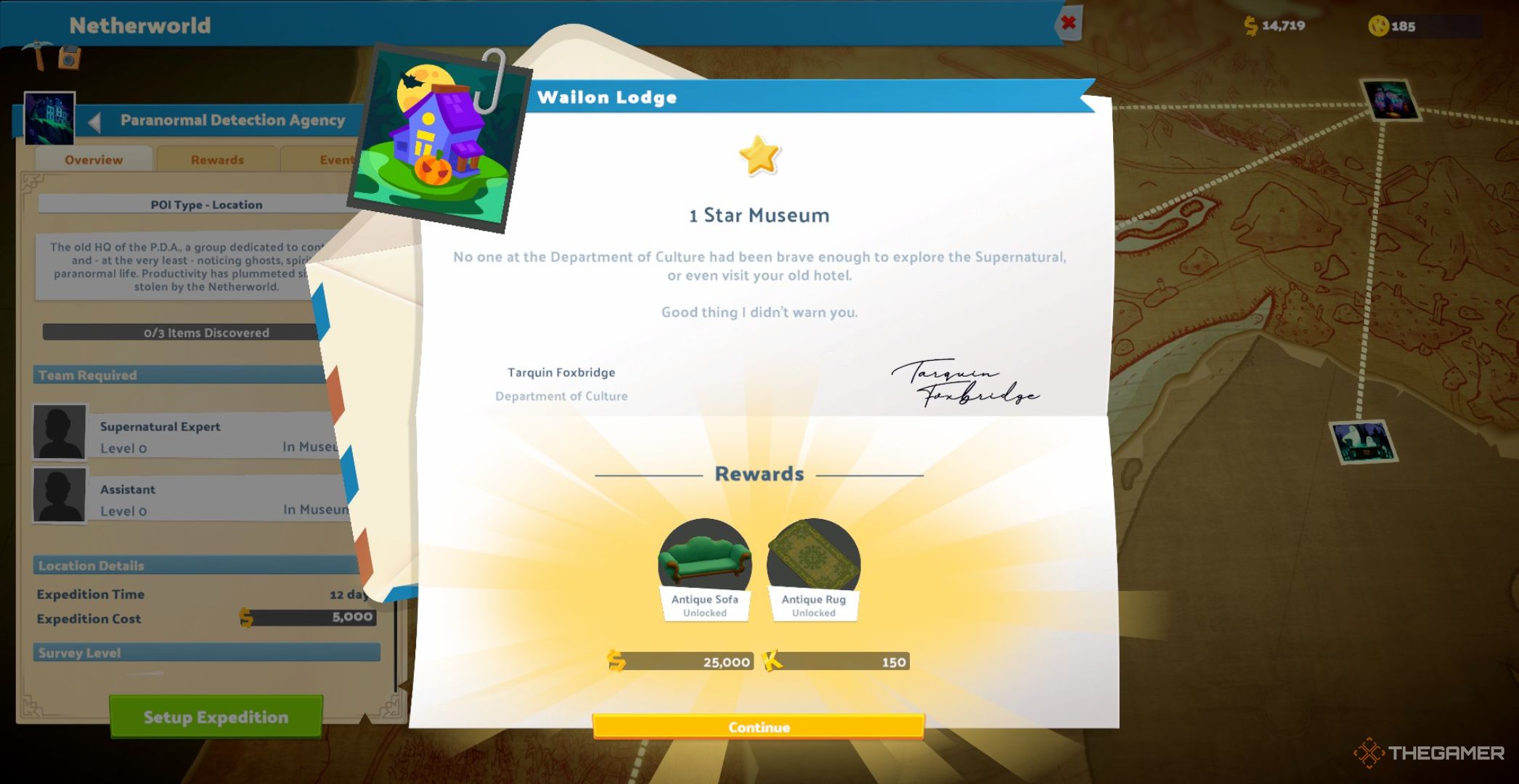 Letter pop up showing a player had achieved a one star museum at Wailon Lodge and rewards for it in Two Point Museum.