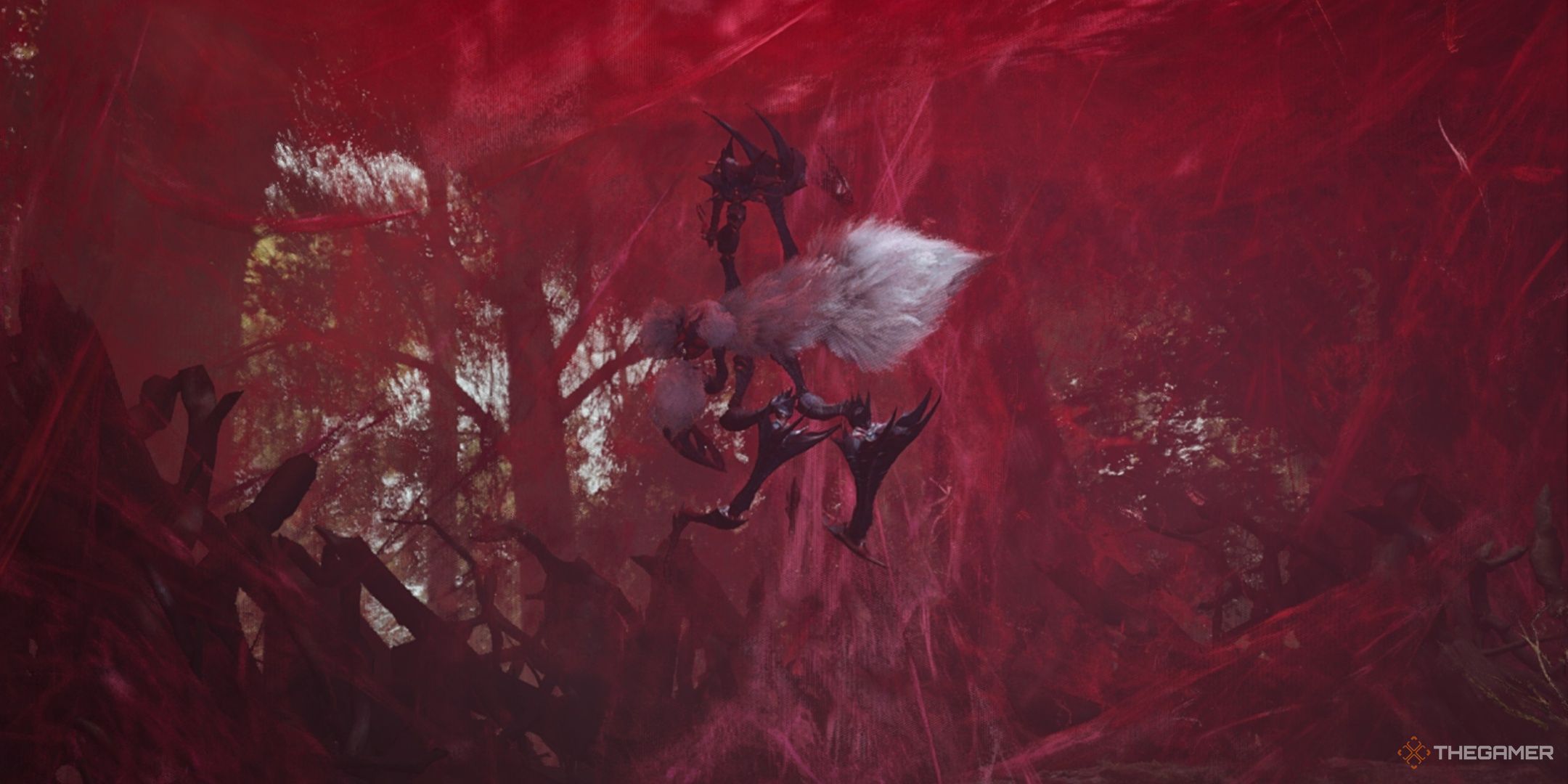 Lala Barina climbing on red webs in mosnte rhunter wilds.