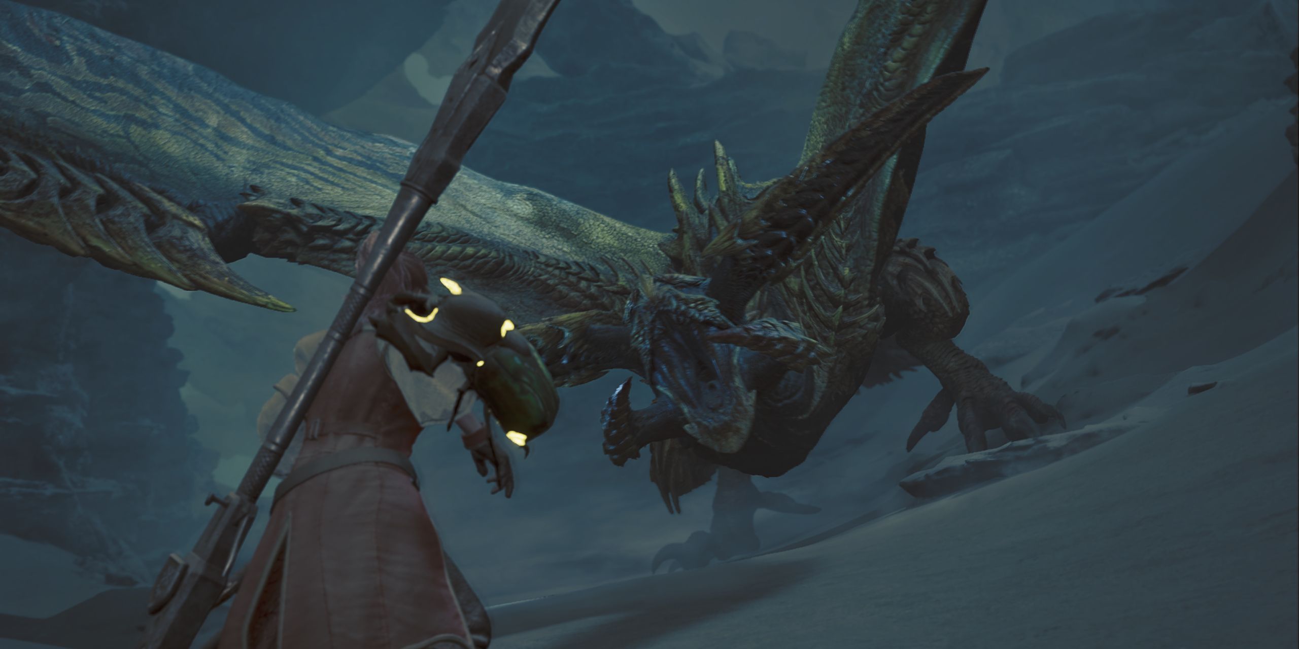 The main Hunter facing a violent Rey Dau in Monster Hunter Wilds.