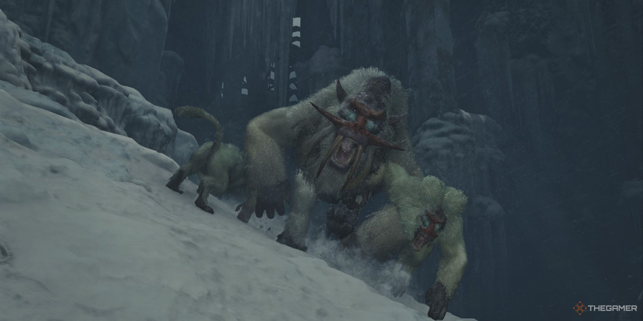 Blangonga alongside smaller monsters roaring in monster hunter wilds.