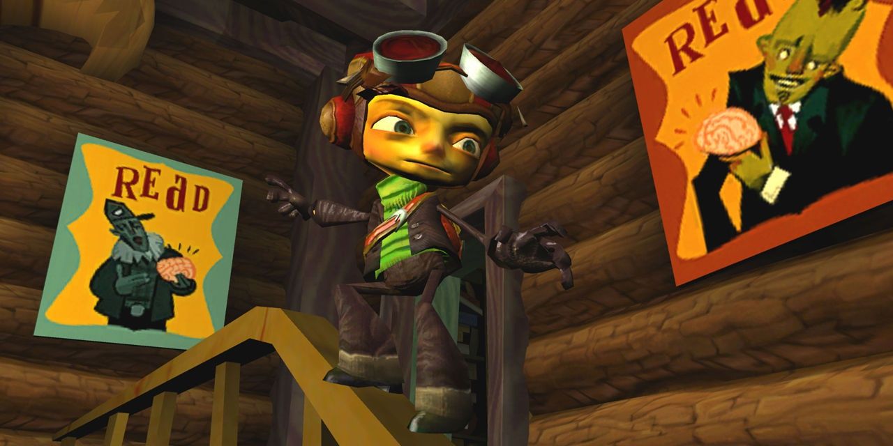 Psychonauts Raz sliding down stairs