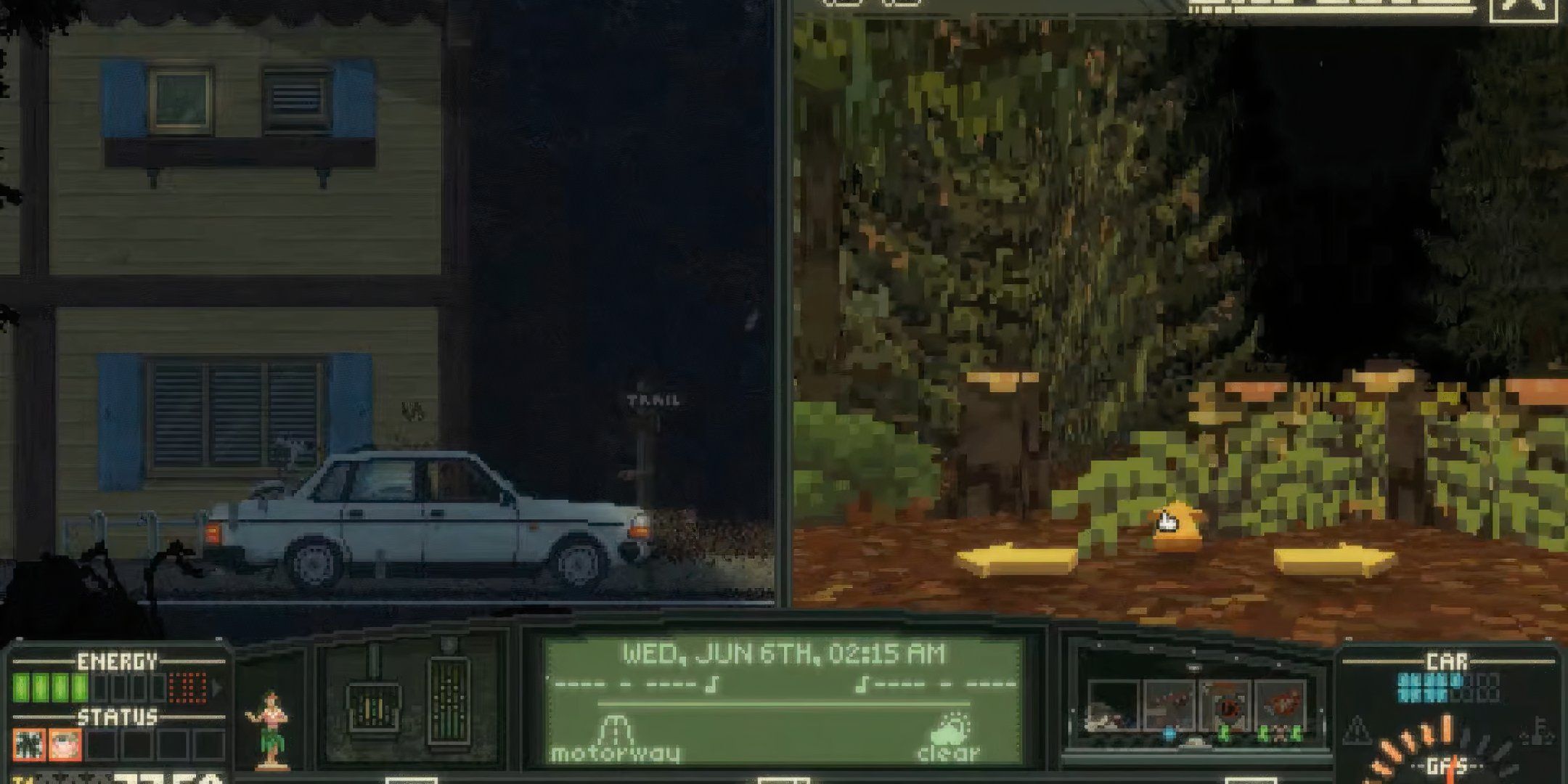 The left side of the screen displays your car, while the right side of the screen shows you exploring the woods using arrows in Keep Driving.