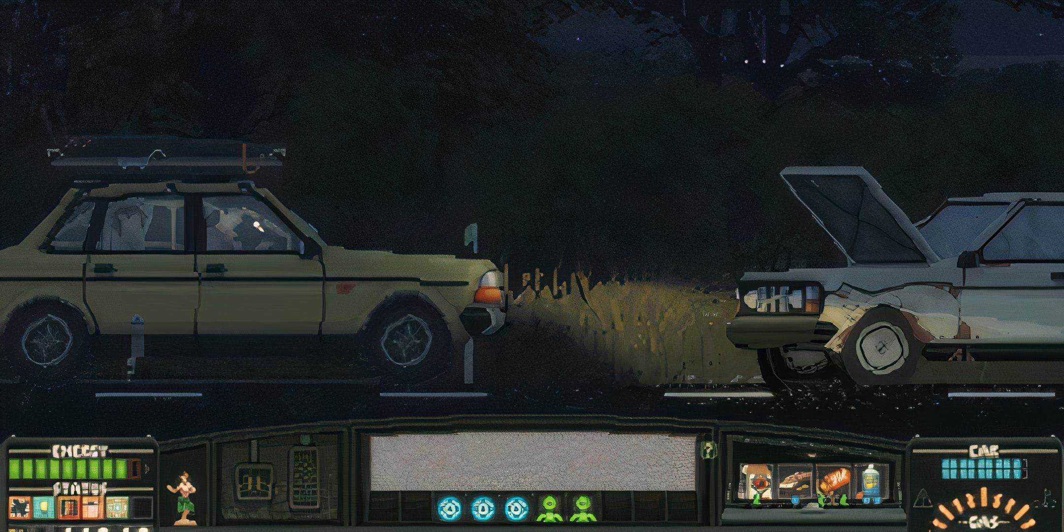 Your car on the left side of the screen shines its headlight at the abandoned car on the right side of the screen in Keep Driving.