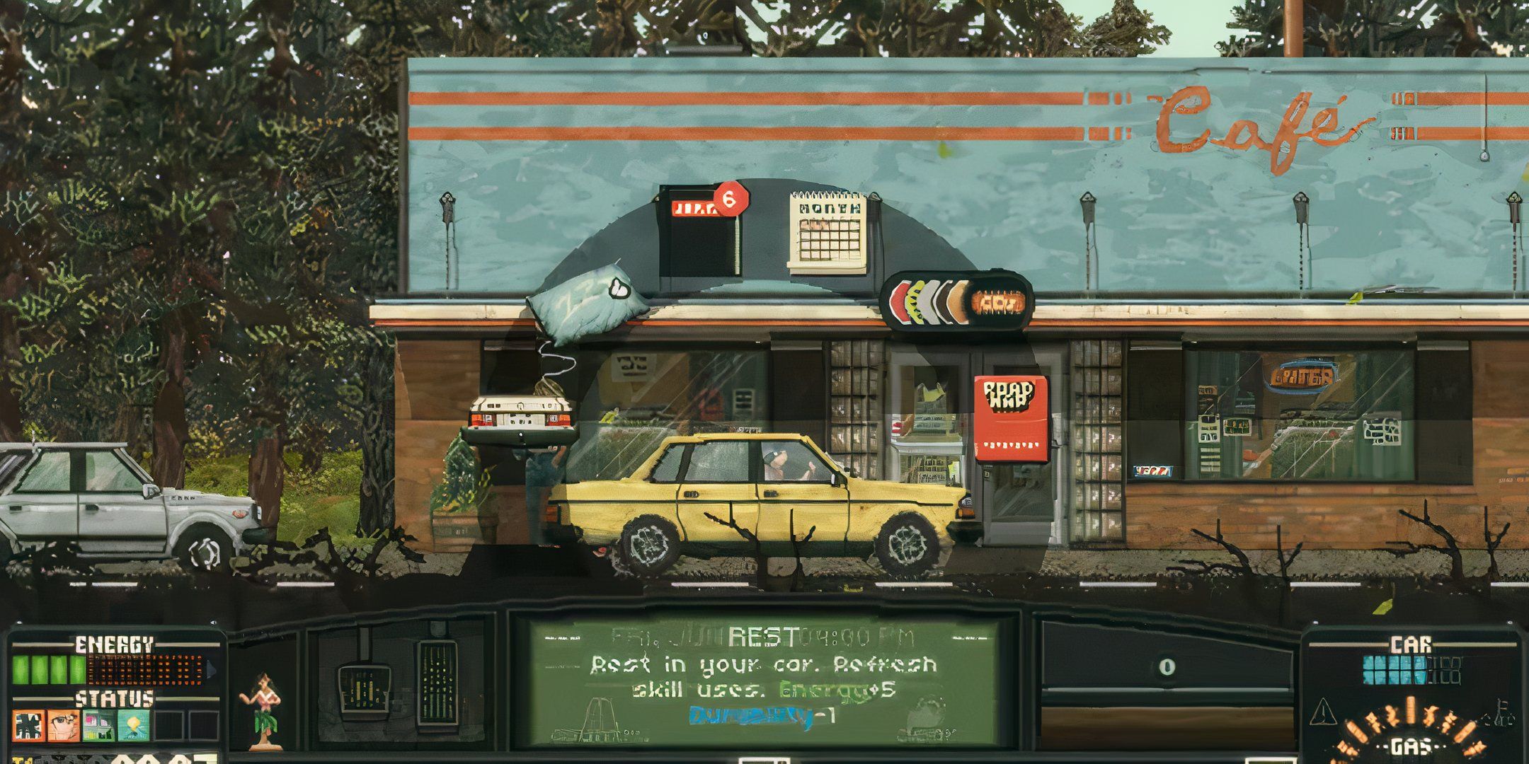 A yellow car sits outside a cafe while the menu wheel hovers over the car in Keep Driving.