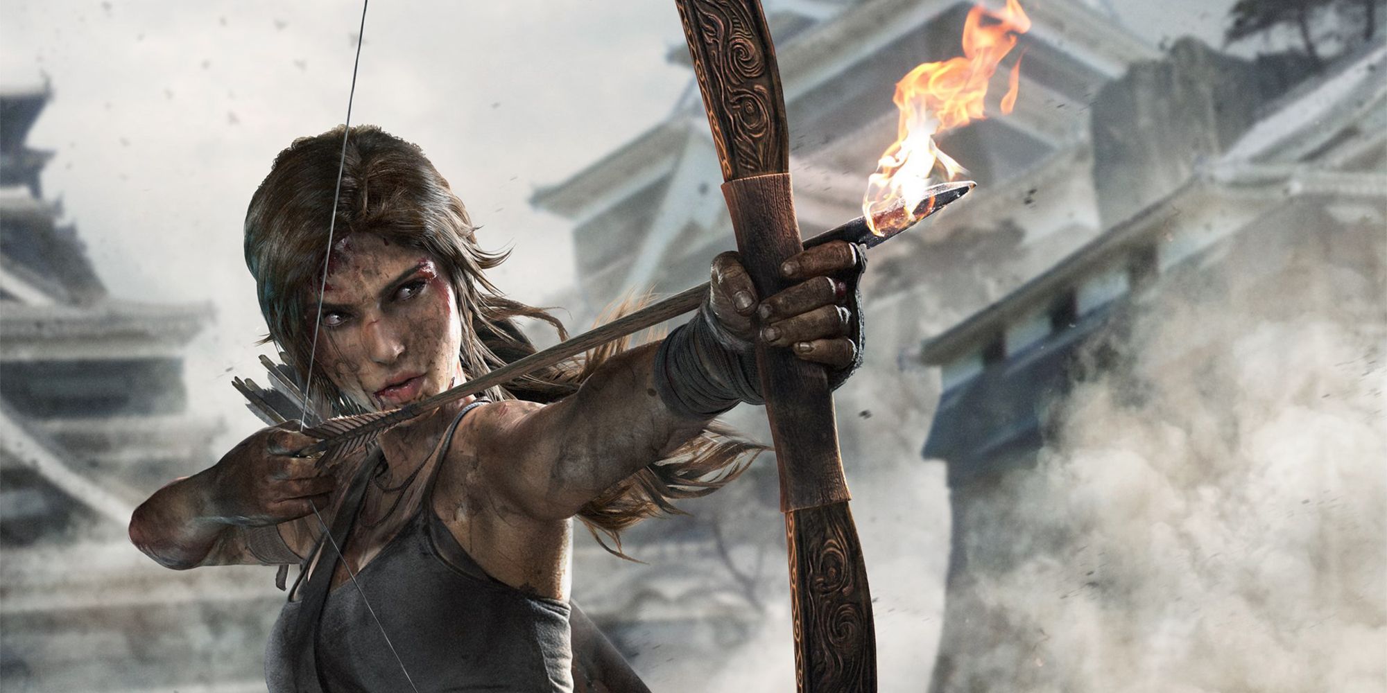 Tomb Raider promo image of Lara aiming her bow.