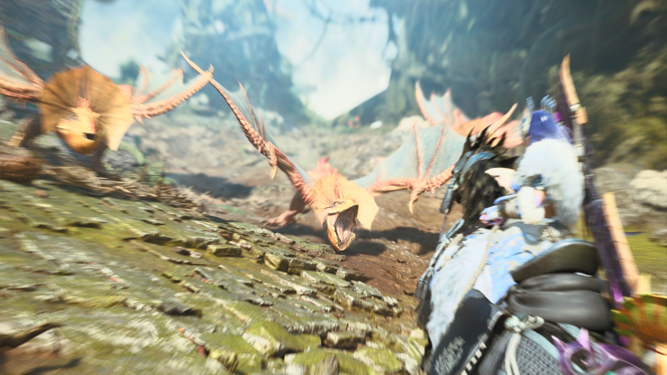 A Yian Kut-Ku screaming with fury at The Hunter in Monster Hunter Wilds.