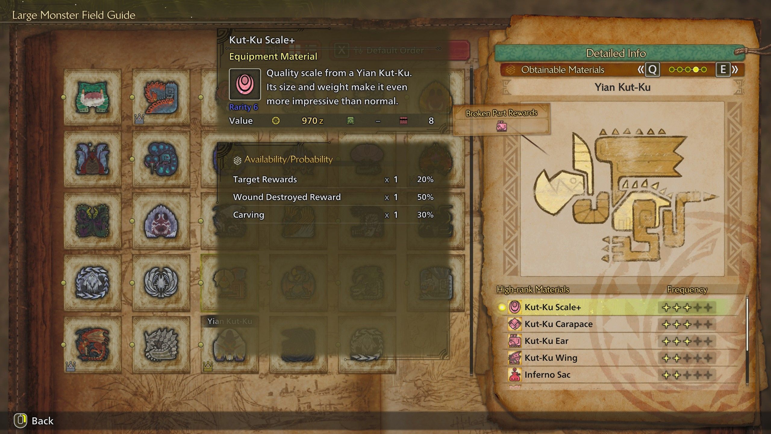 The Monster Guide Menu showing Yian Kut-Ku's material drops in Monster Hunter Wilds.