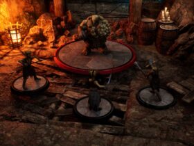 An ogre model in a mine, facing three goblin warriors