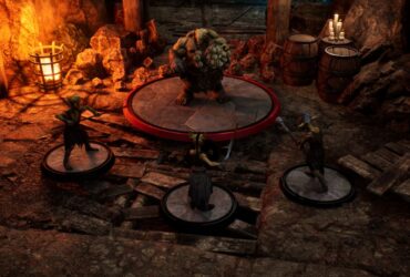 An ogre model in a mine, facing three goblin warriors