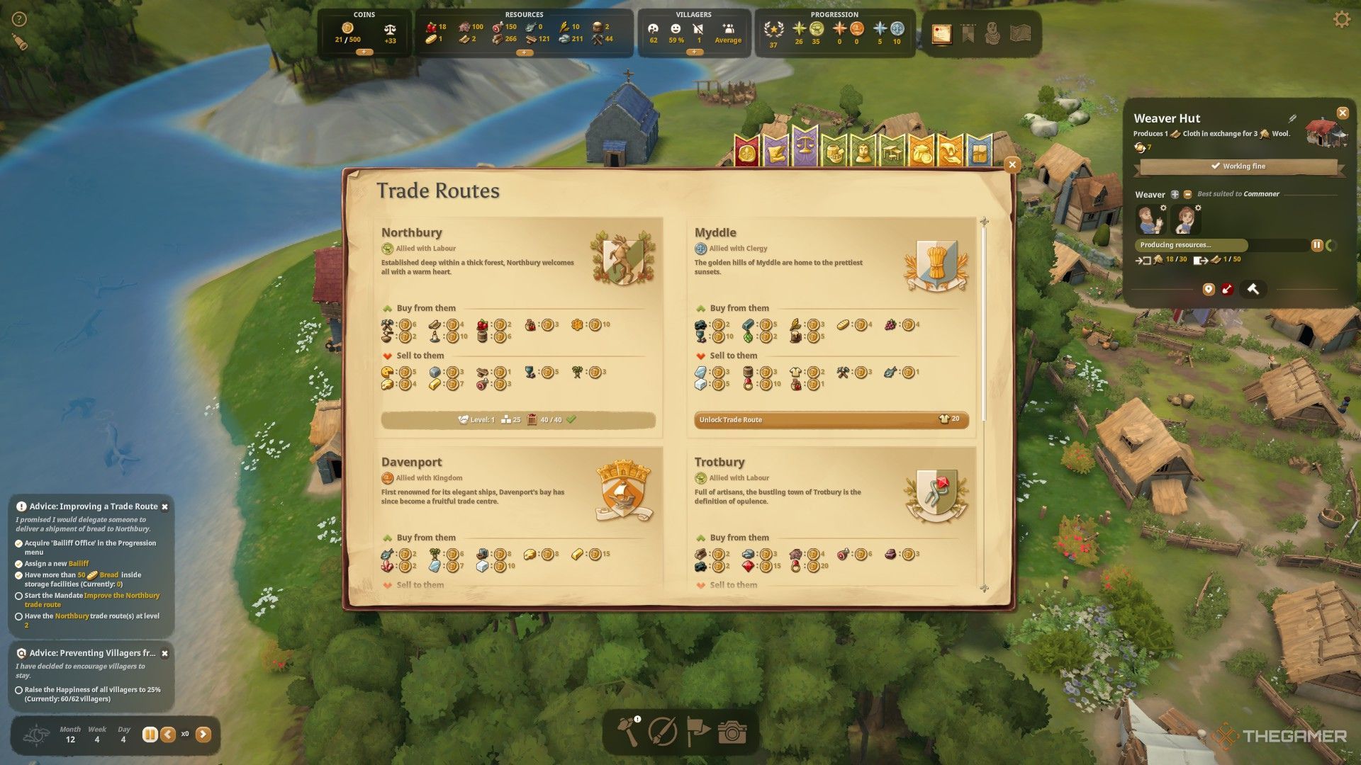 The image shows Northbury and Myddle in the Trade Routes menu in Foundation.