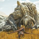 The hunter faces down The White Wraith, an Arkveld, in a grassy plain in Monster Hunter Wilds