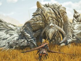 The hunter faces down The White Wraith, an Arkveld, in a grassy plain in Monster Hunter Wilds