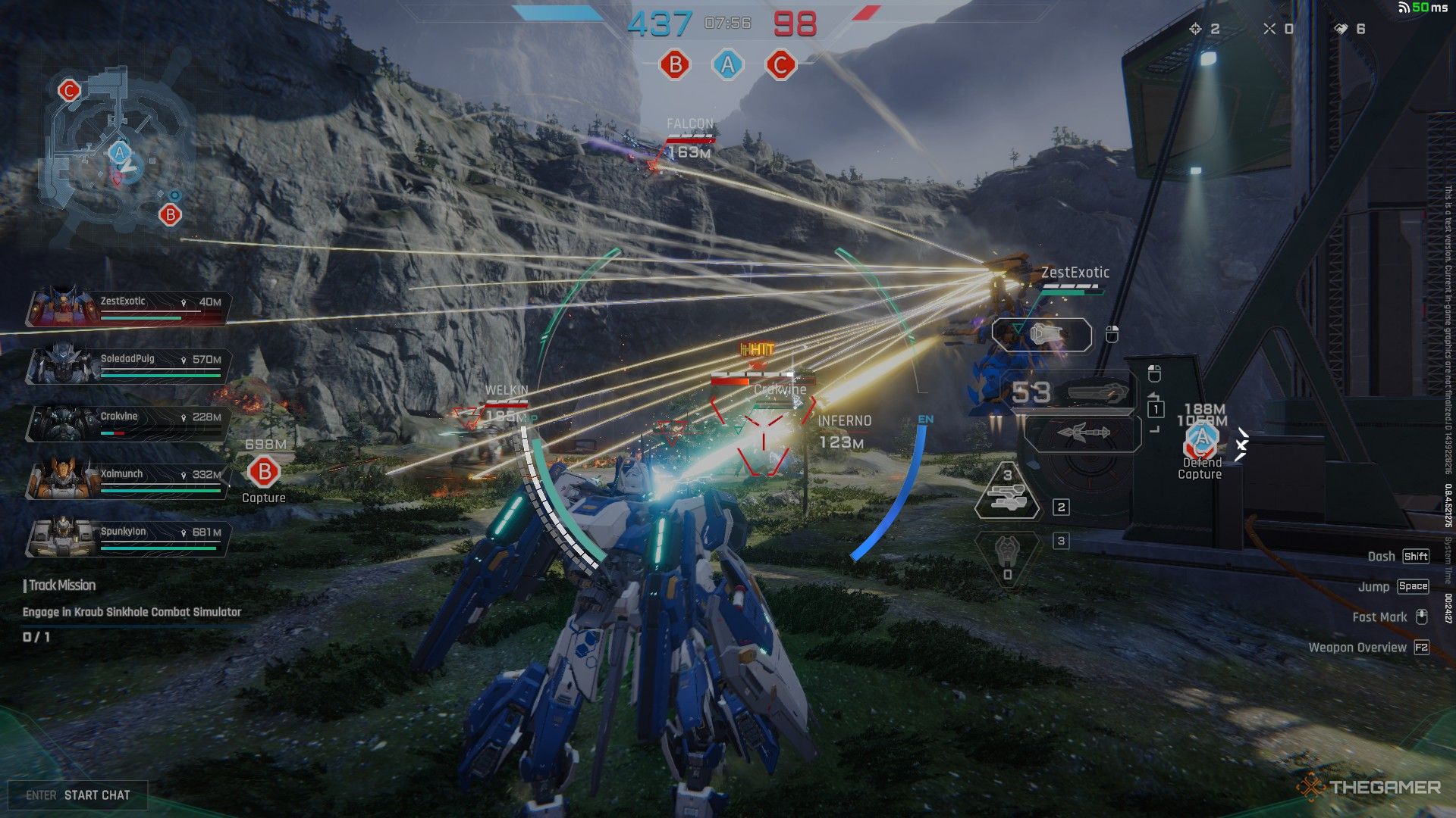 Four mechs fighting each other in two teams in an open field, with one of them shooting many lasers at once.