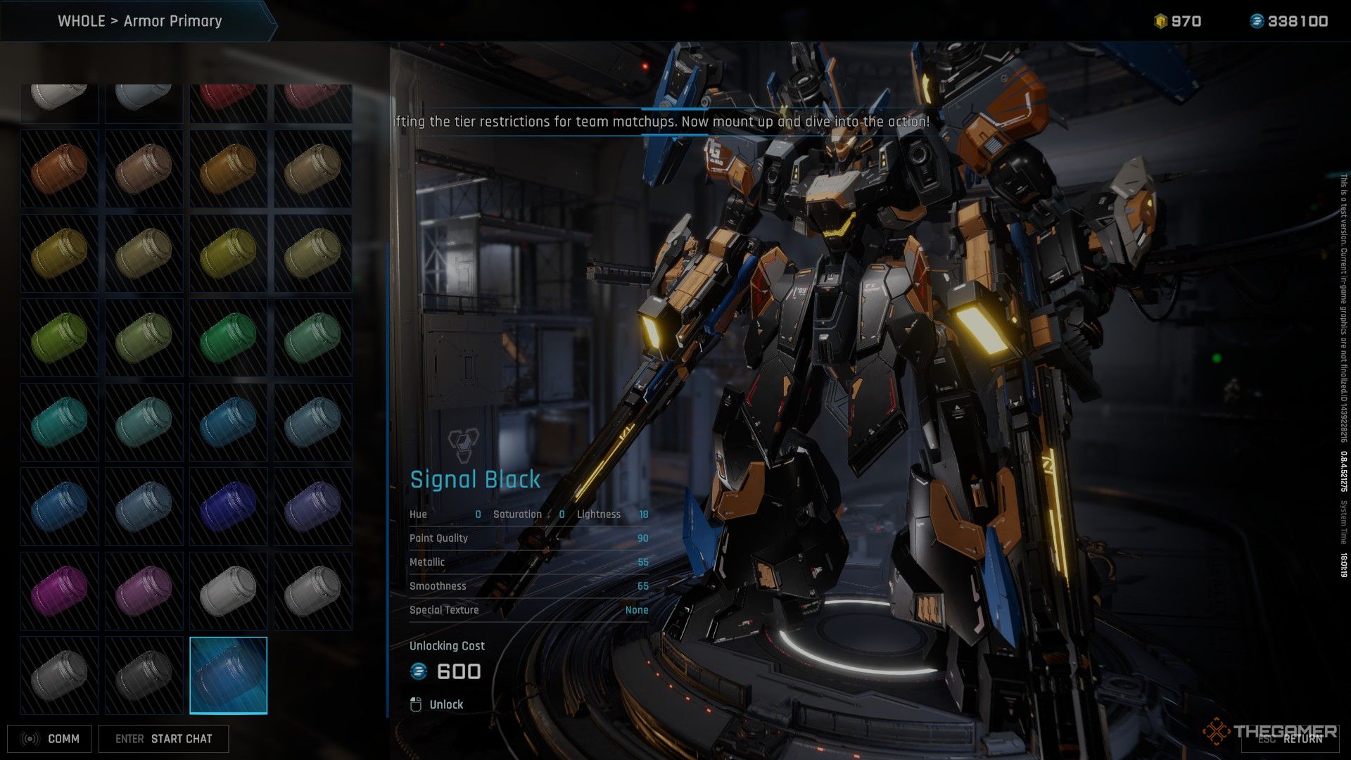 A screenshot showing the extensive selection of paints you can add to your mech in Mecha Break.