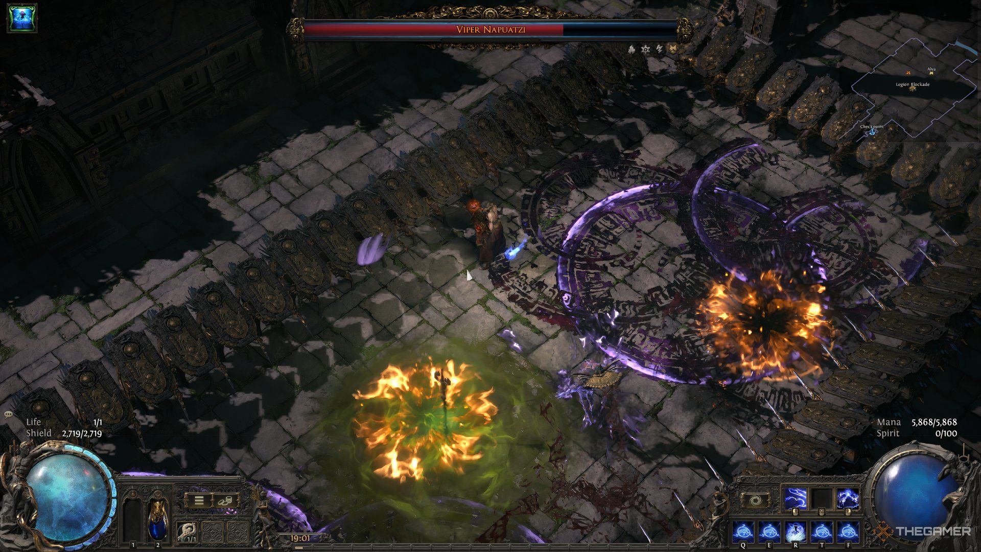 Meteors dealing Fire and Chaos damage during the Viper Napuatzi boss fight in Act-3 of Path of Exile 2.