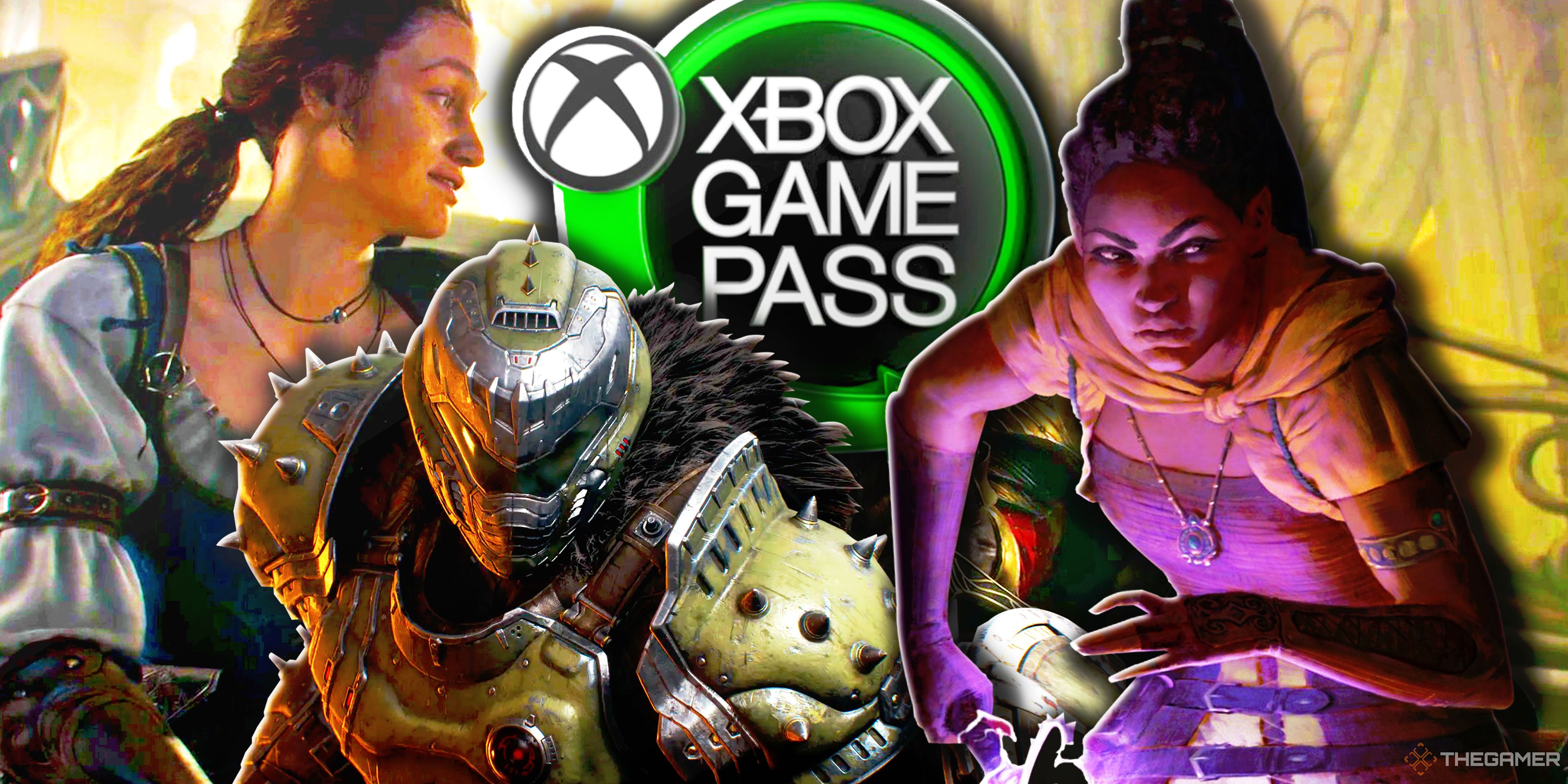 Xbox characters from Fable, Doom: The Dark Ages, and Avowed with the Xbox Game Pass logo in the background.