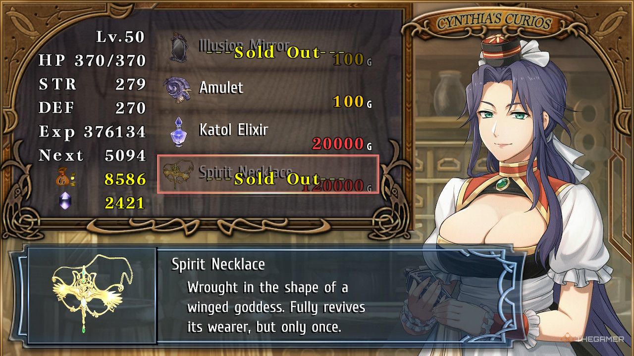 Purchasing the spirit necklace from Cynthia in Ys Memoire.