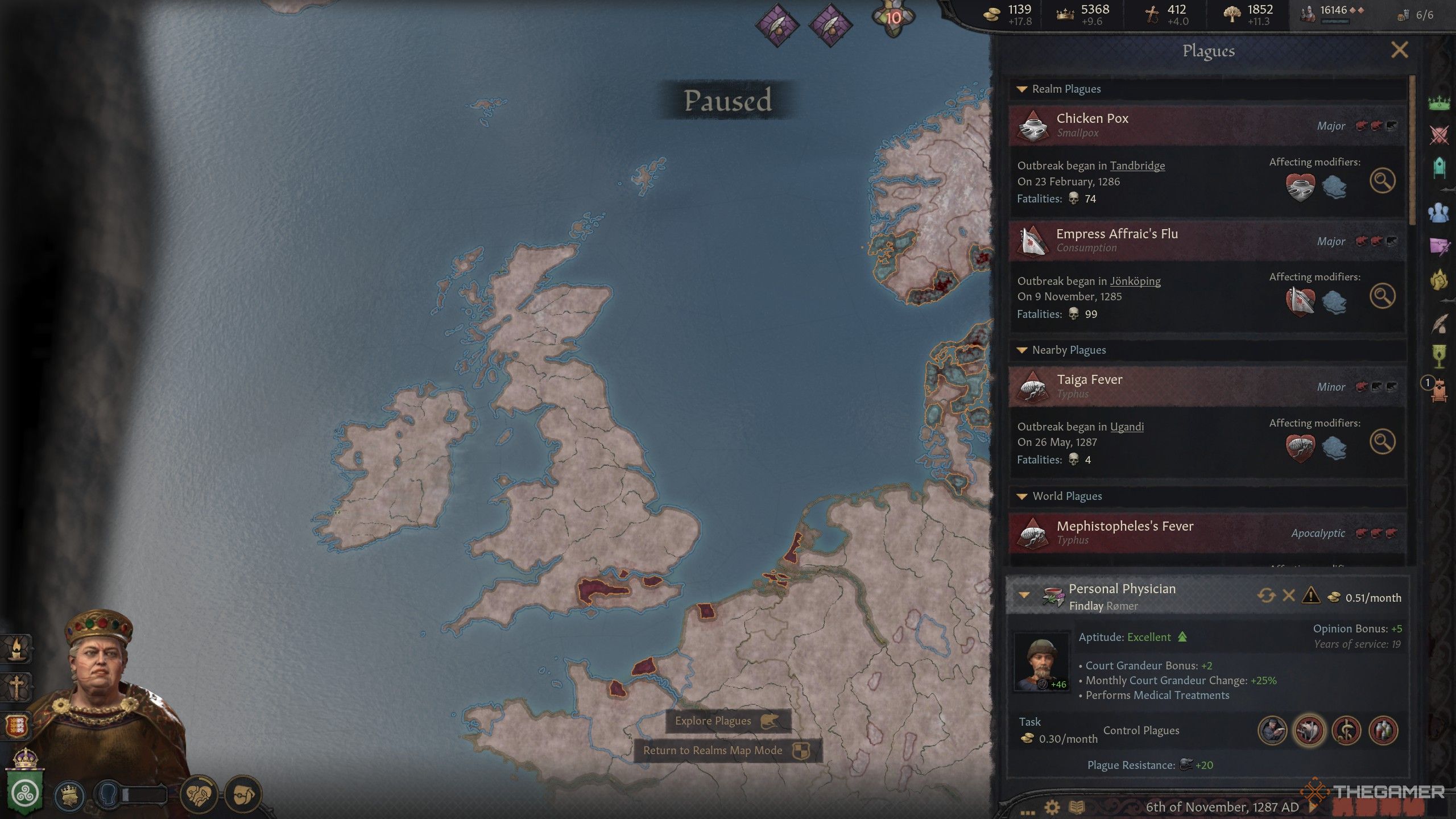 the plague menu open over the celtic isles in crusader kings 3 showing some plagues spreading.