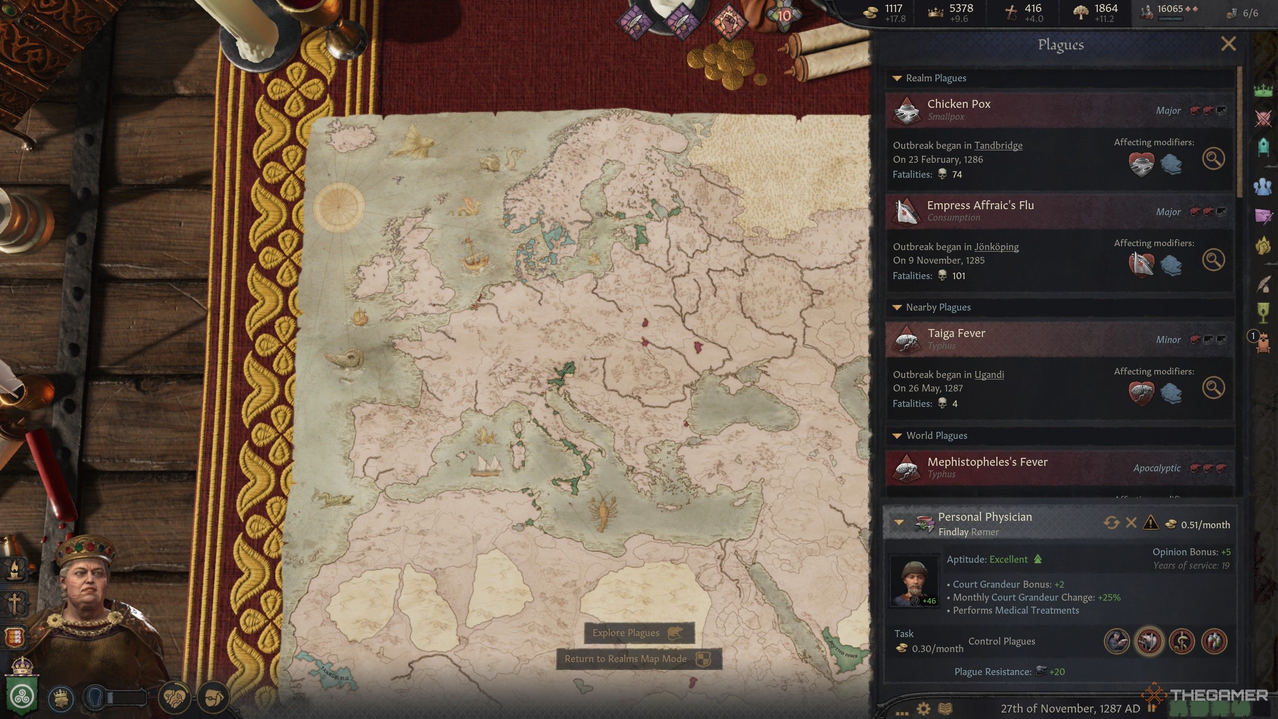 a wide view of the map in crusader kings highlighting some plagues and the plague menu to the right.