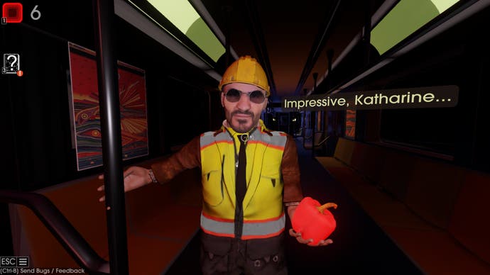 A man in a high vis jacket and construction helmet holds an apple while saying 'Impressive, Katharine' in Moves of the Diamond Hand.