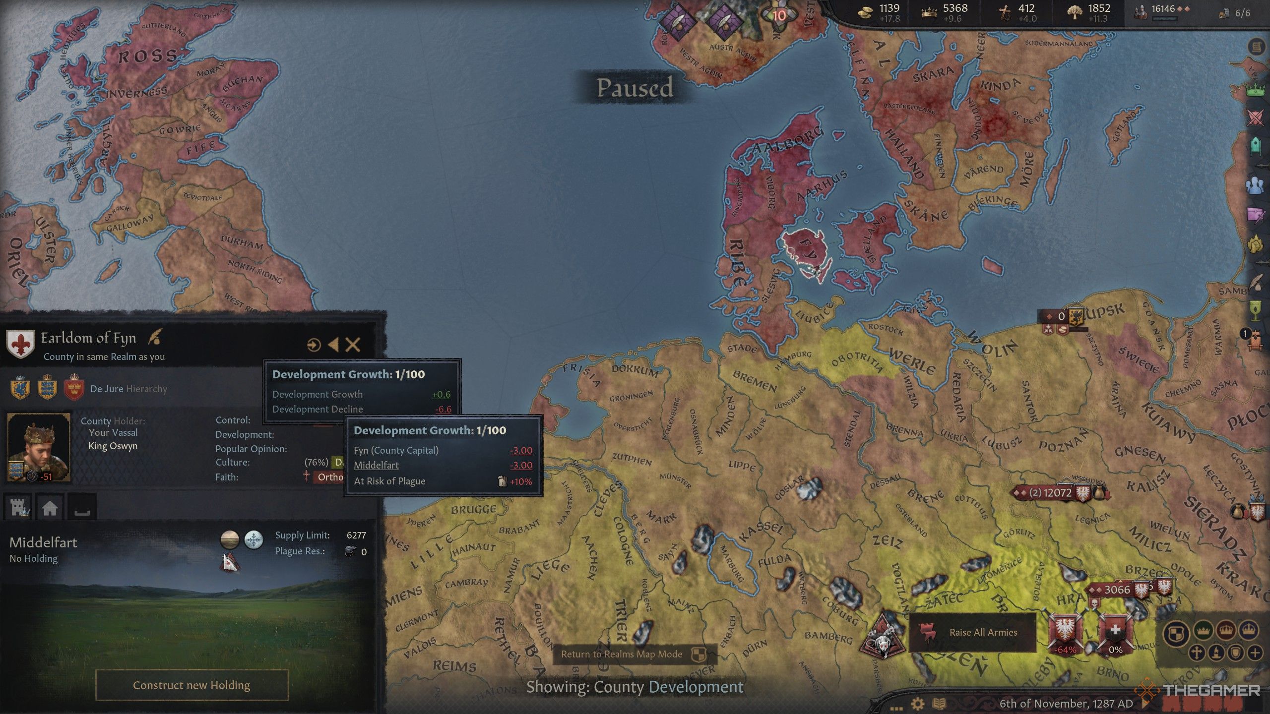 development map in crusader kings 3 showing a county with negative development growth.