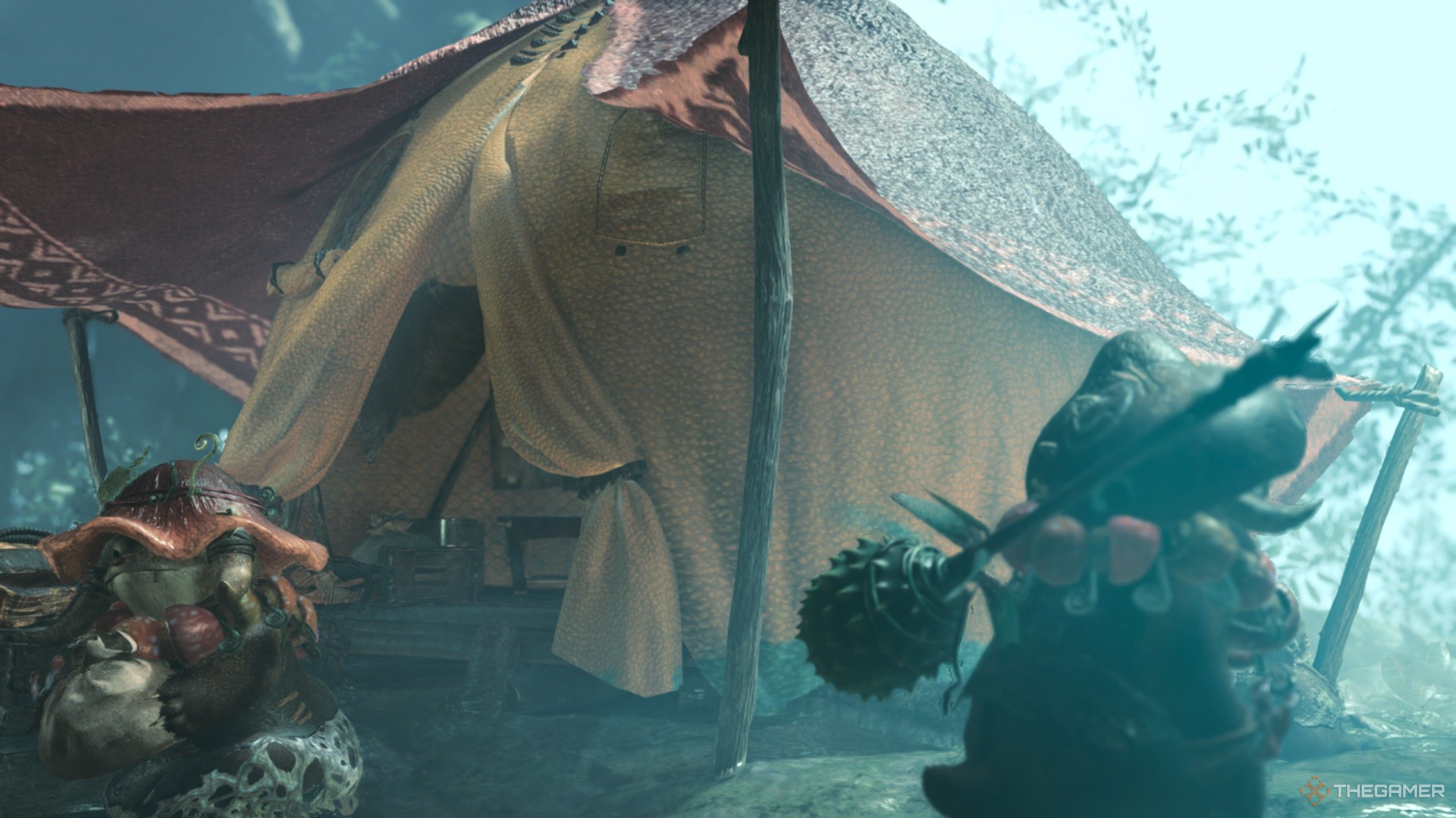 monster hunter wilds wudwuds approaching pop up camp in scarlet forest.