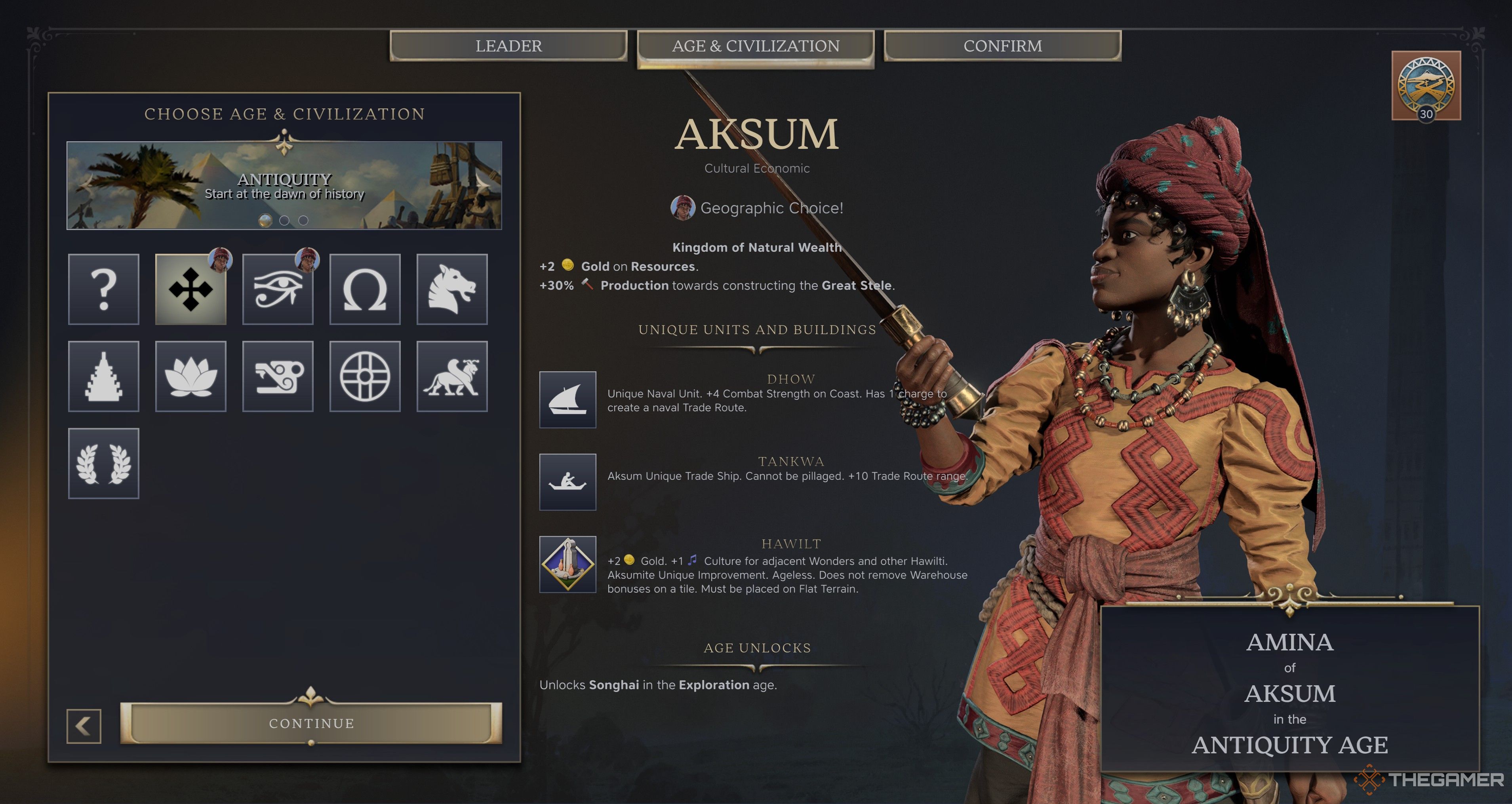 Amina's Aksum Selection Screen in Civilization 7