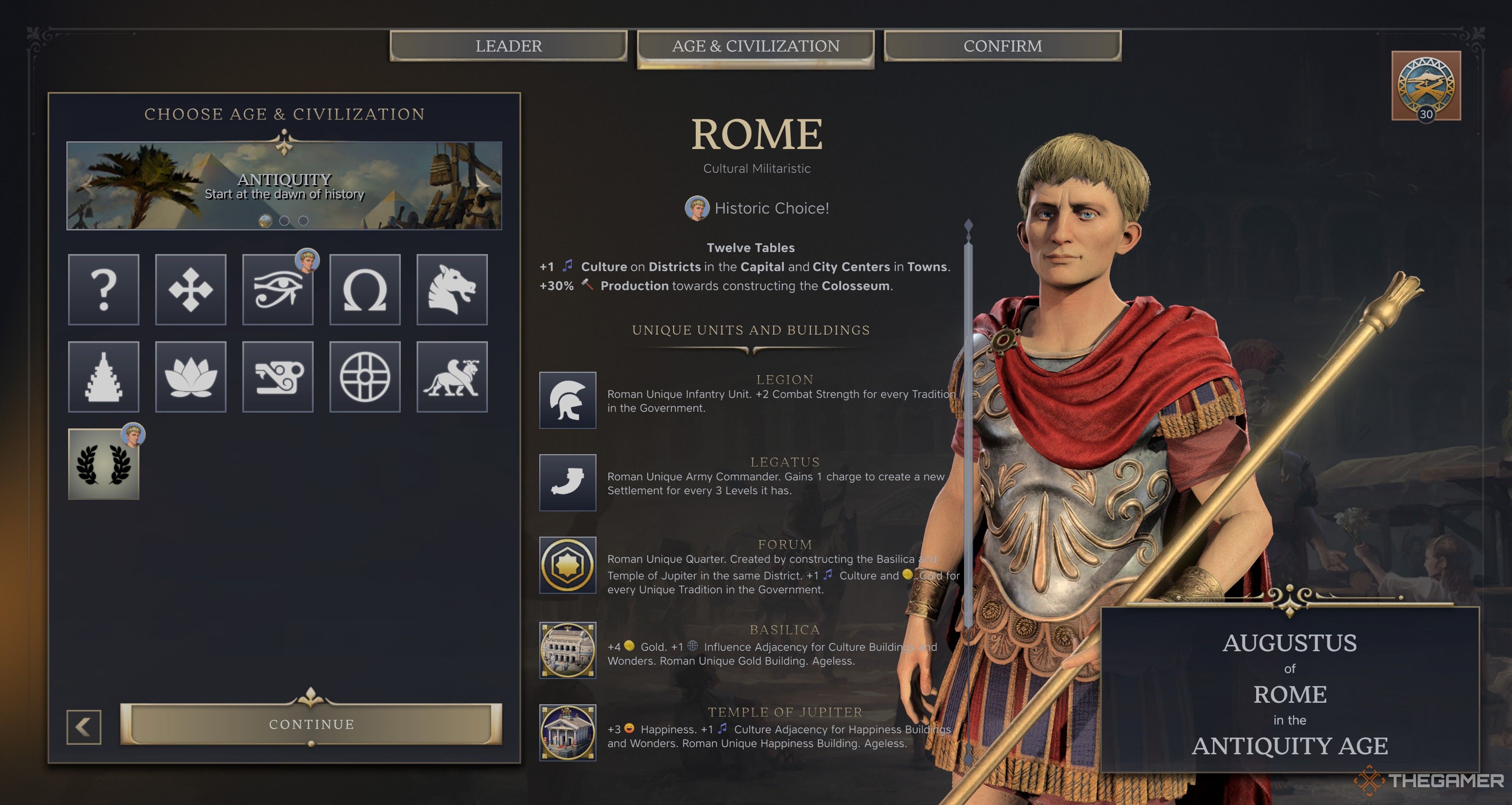 Augustus' Rome Selection Screen in Civilization 7