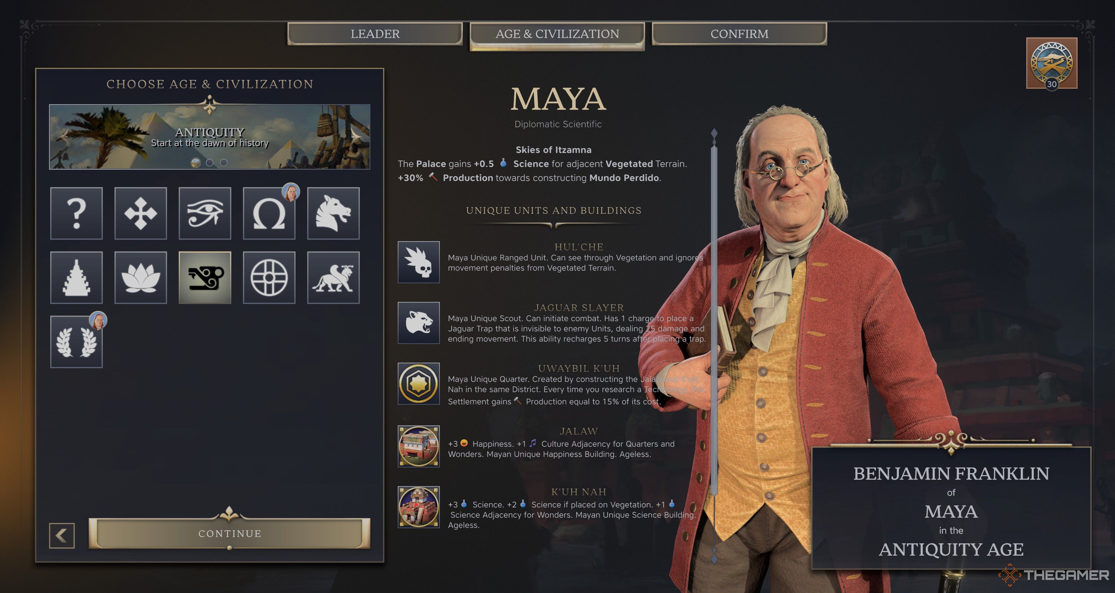 Benjamin Franklin's Maya Selection Screen in Civilization 7