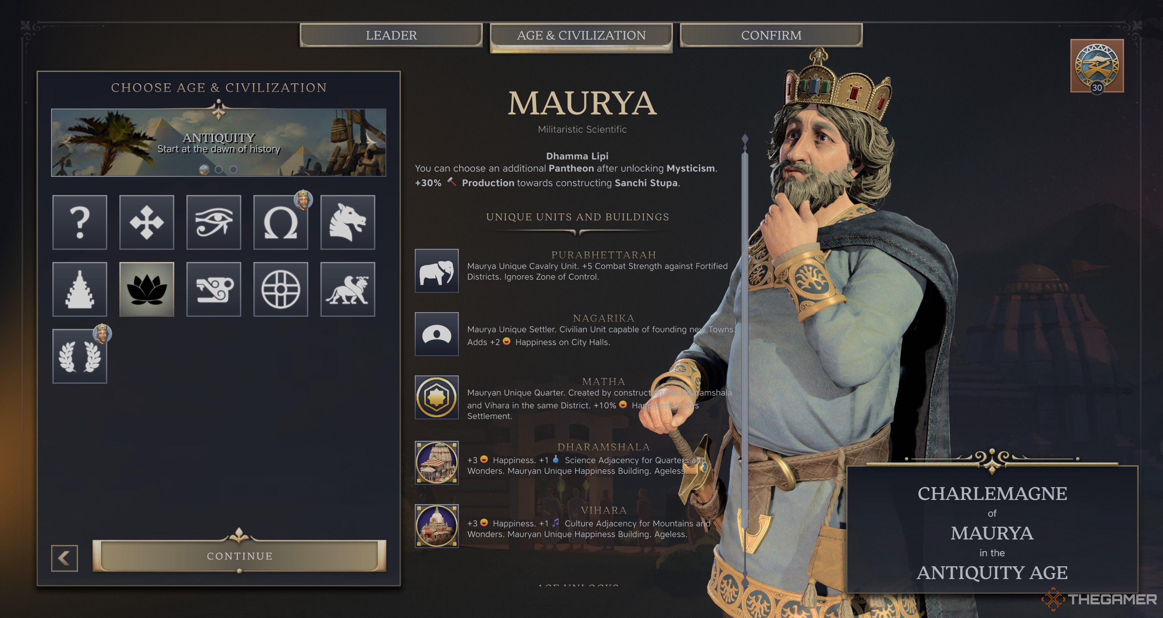 Charlemagne's Maurya Selection Screen in Civilization 7