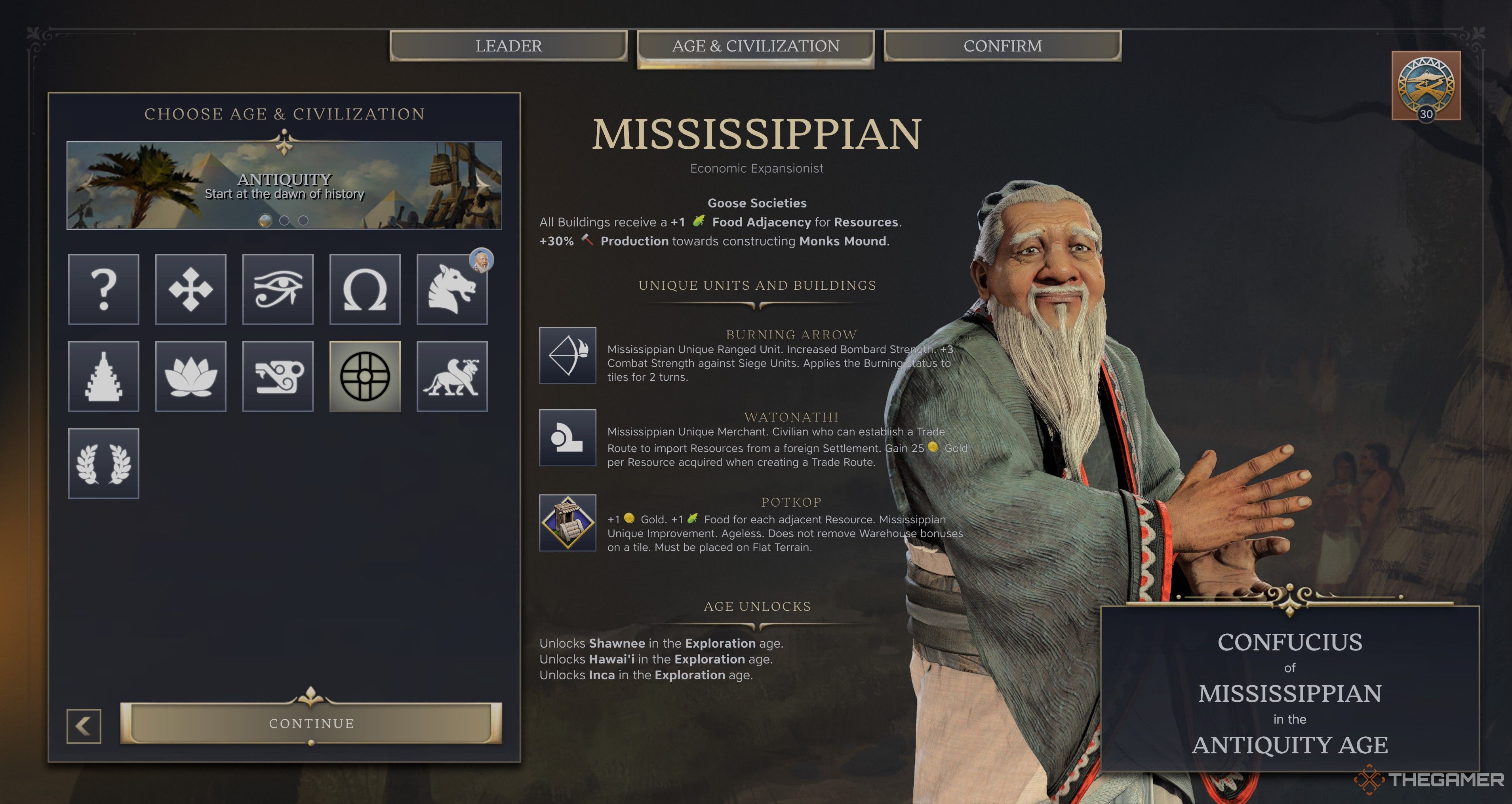 Confucius' Mississippian Selection Screen in Civilization 7