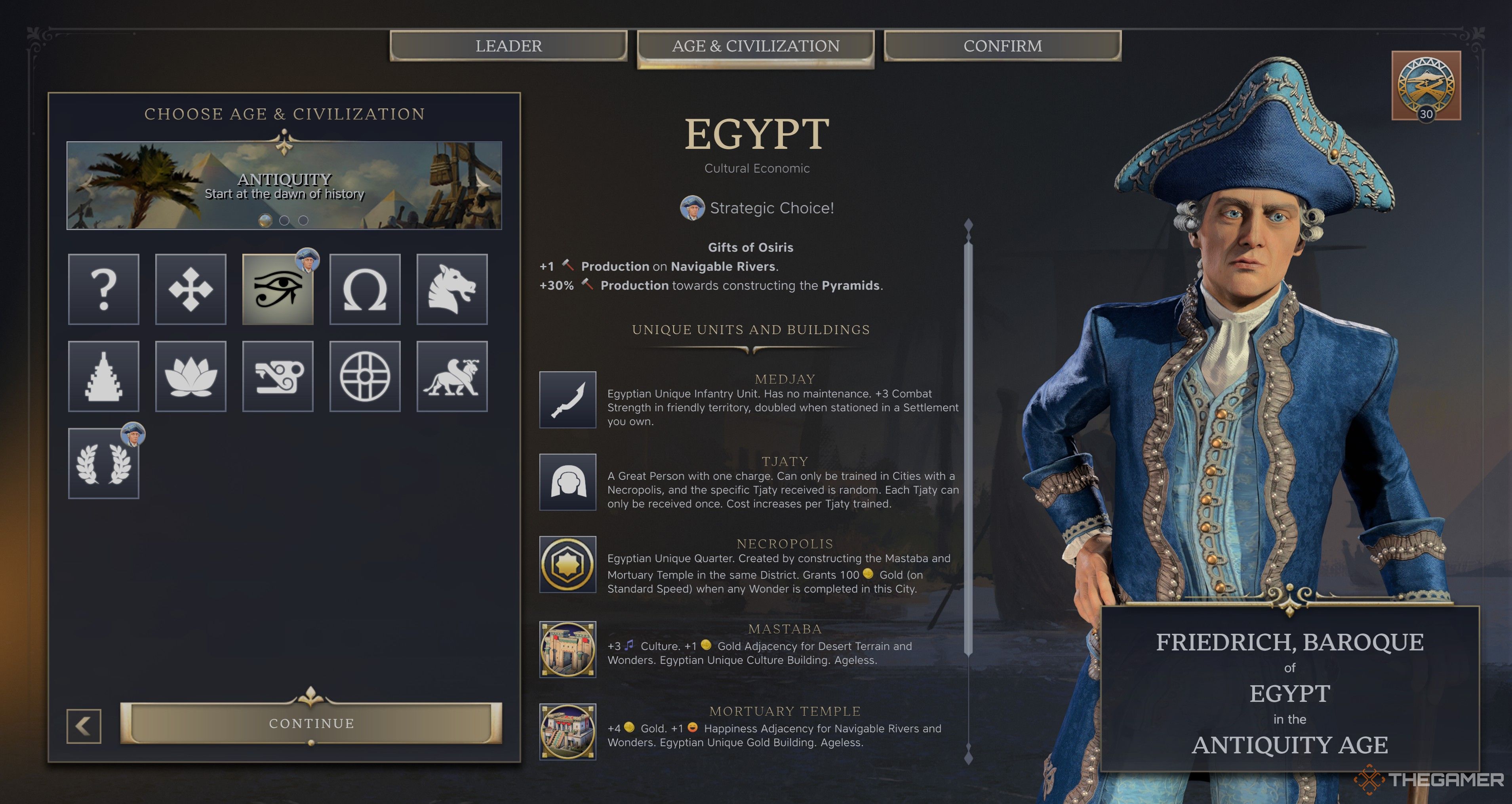 Friedrich, Baroque's Egypt Selection Screen in Civilization 7