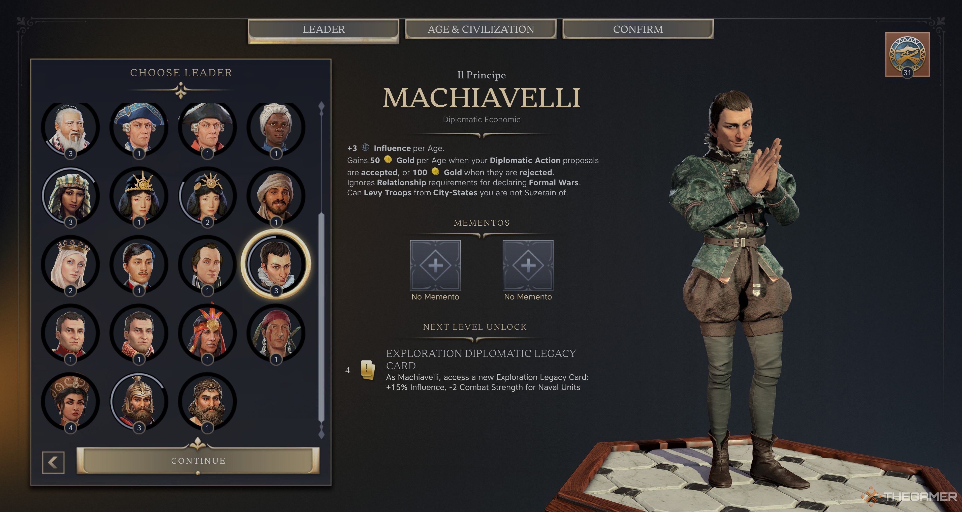 Machiavelli's leader screen in Civilization 7