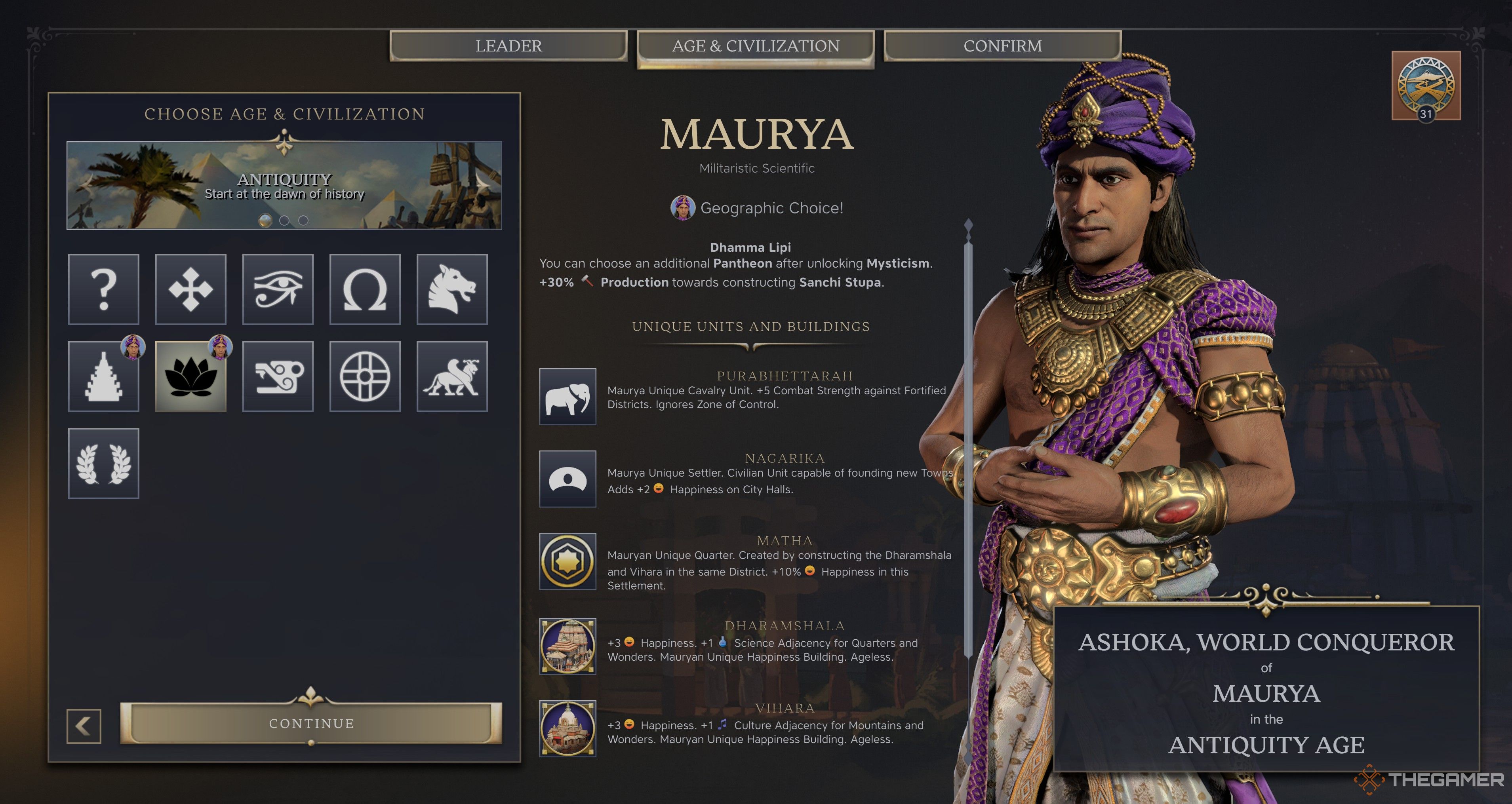 Ashoka, World Conqueror's Maurya Selection Screen in Civilization 7